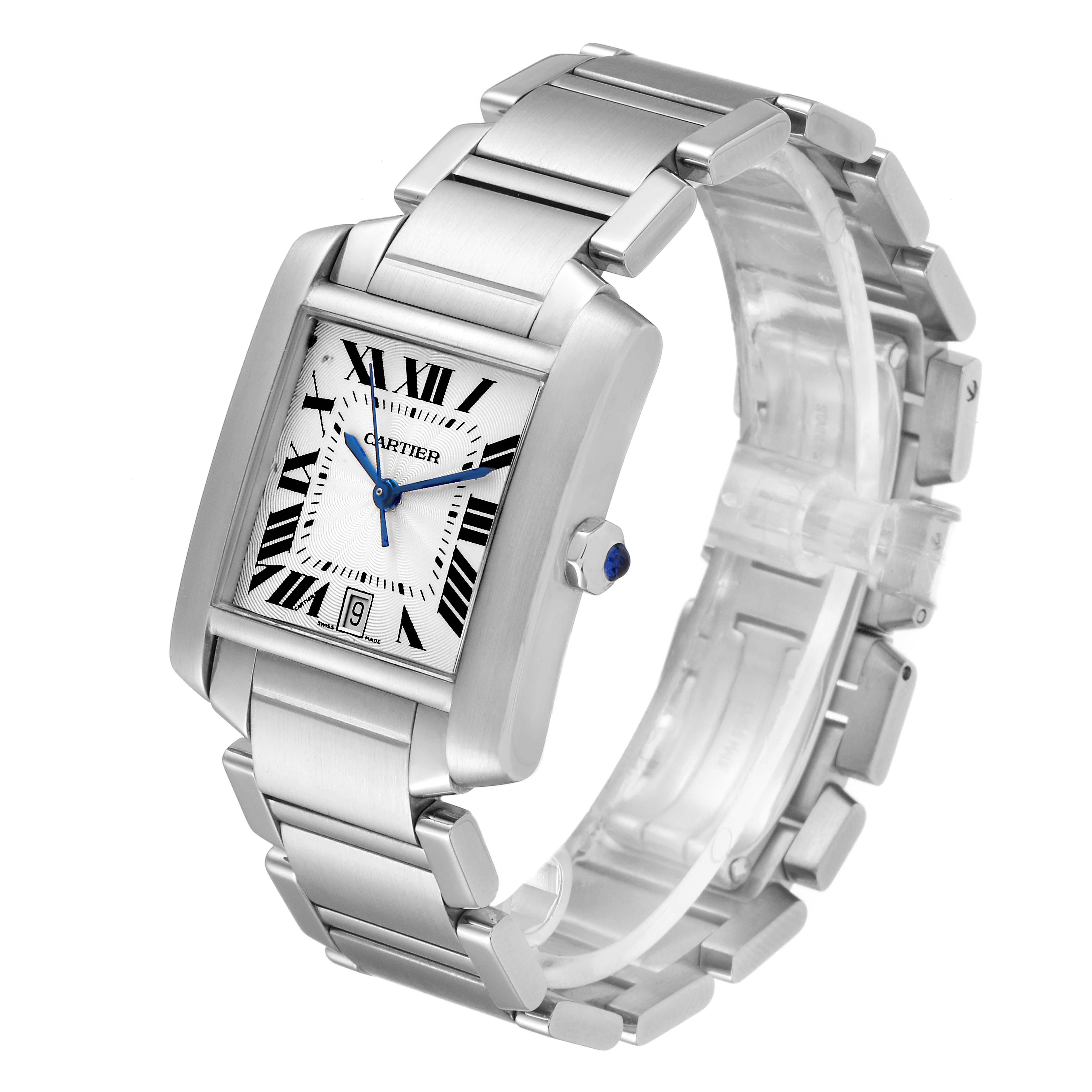 The image shows a front-side angle of the Cartier Tank Francaise W51002Q3 Men's Stainless Steel Silver Dial W51002Q3 Men's Stainless Steel Silver Dial watch, highlighting the face, case, bracelet, and crown.