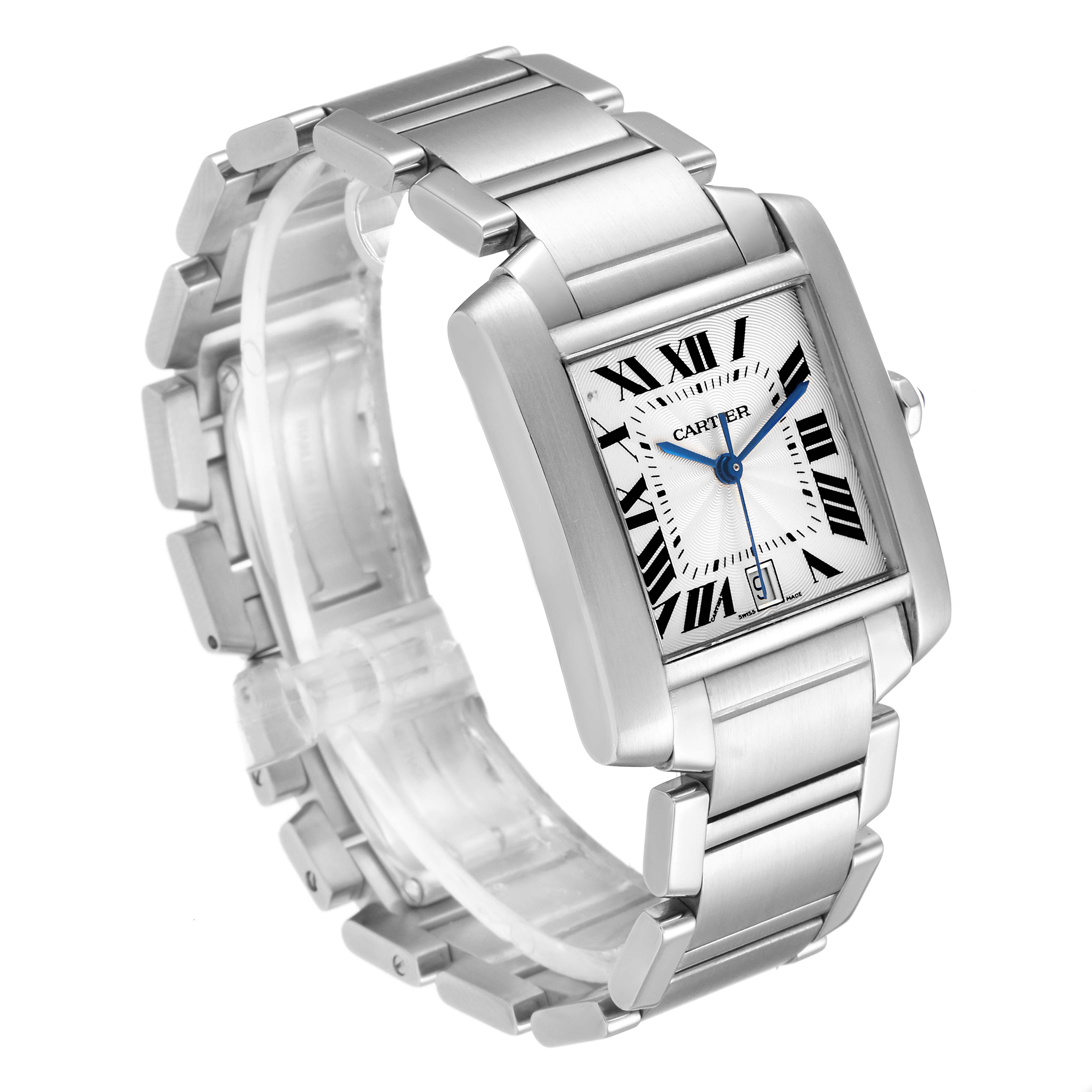 The image shows a Cartier Tank Francaise W51002Q3 Men's Stainless Steel Silver Dial W51002Q3 Men's Stainless Steel Silver Dial watch at a three-quarter angle featuring the face, bracelet, and clasp.