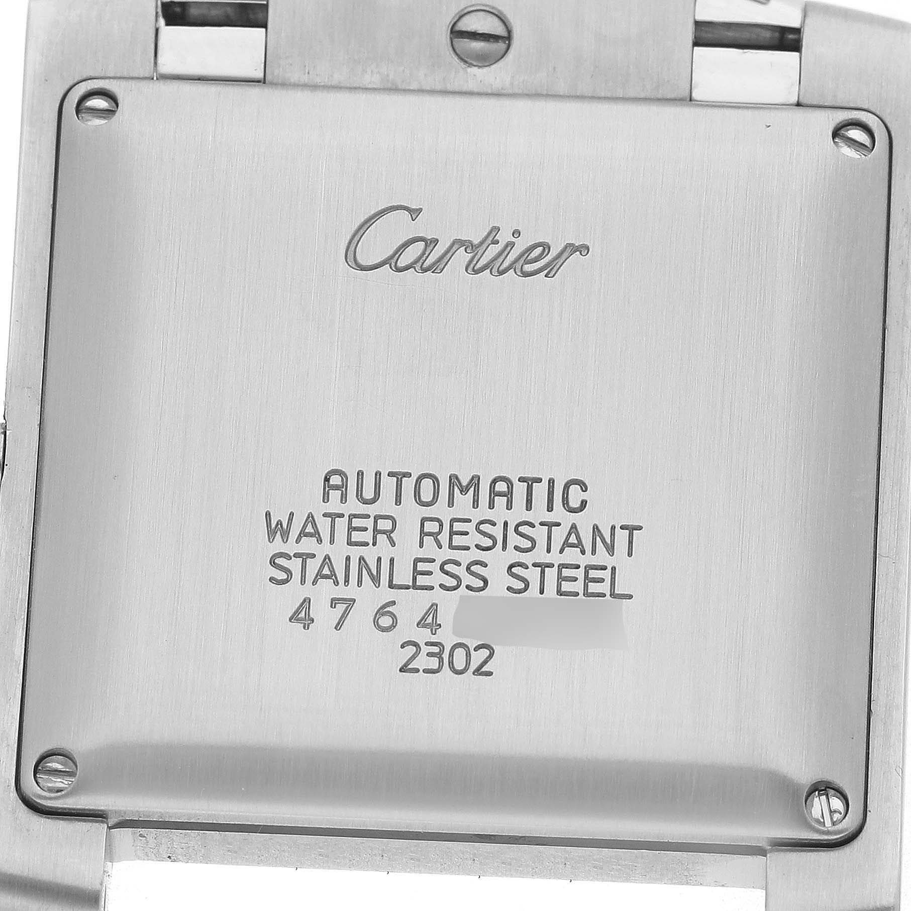 The image shows the back case of the Cartier Tank Francaise W51002Q3 Men's Stainless Steel Silver Dial watch, highlighting its automatic movement and stainless steel details.