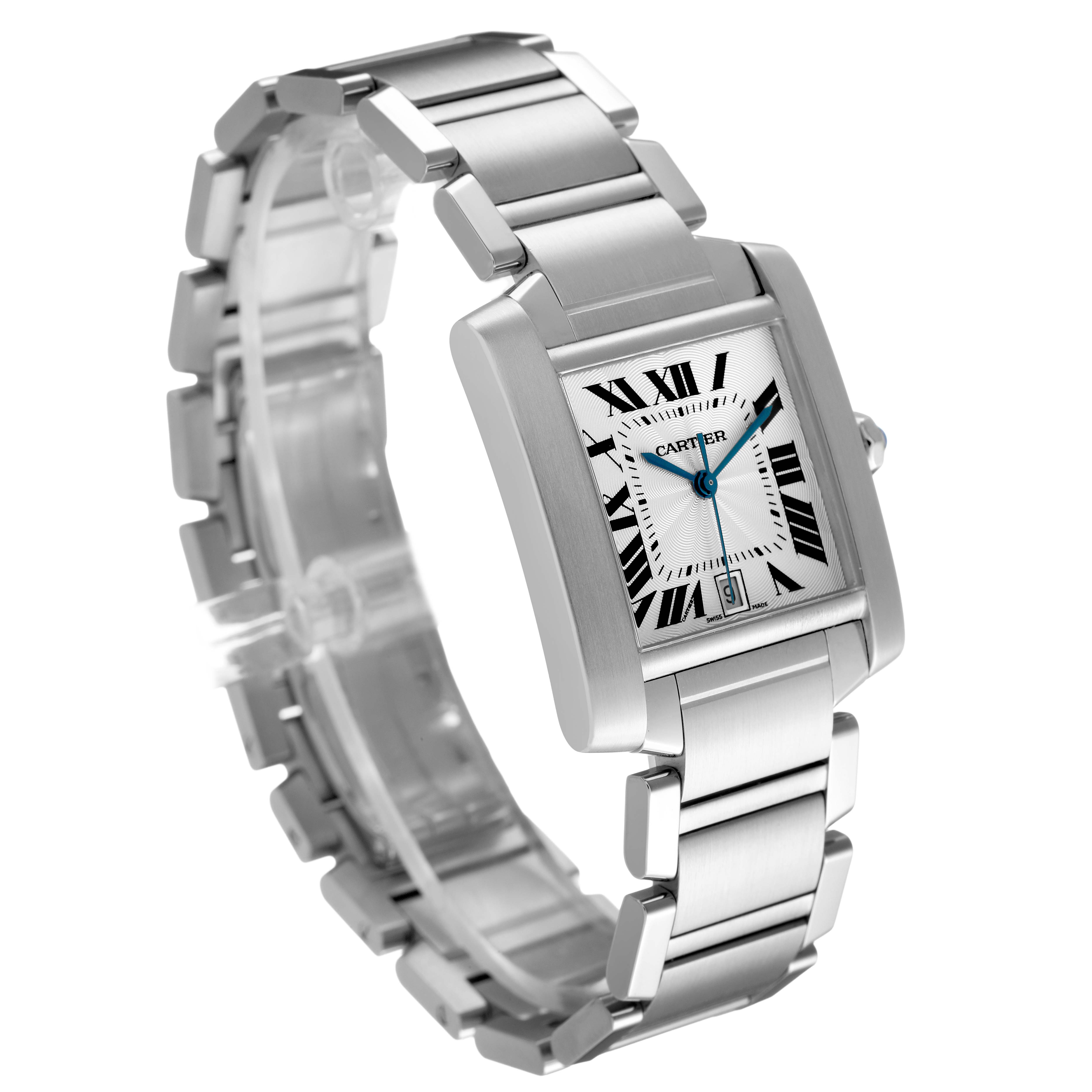 The Cartier Tank Française watch is shown at a three-quarter angle, displaying the face, bracelet, and crown.