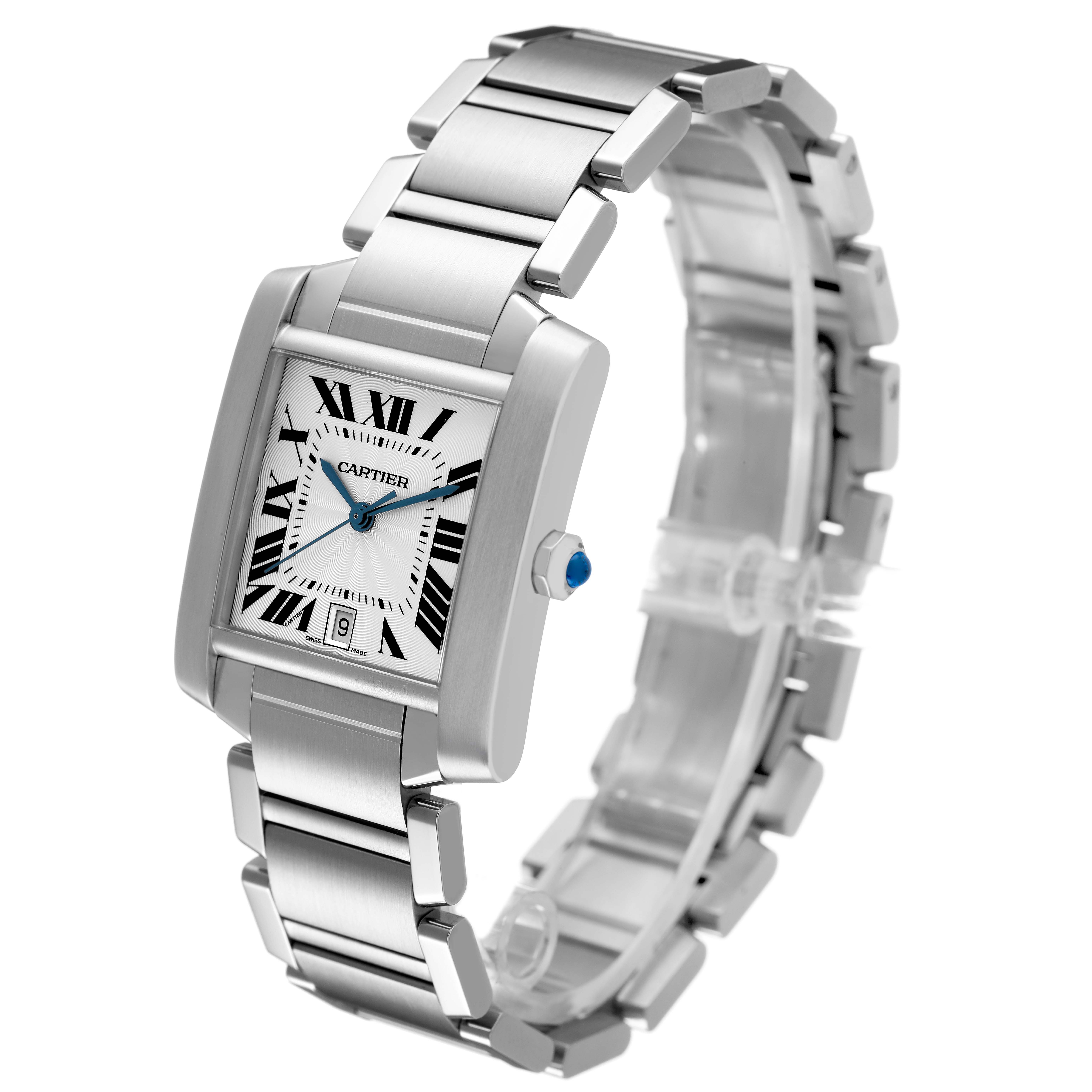 The Cartier Tank Française watch is shown at a three-quarter angle, highlighting its face, bracelet, and crown.