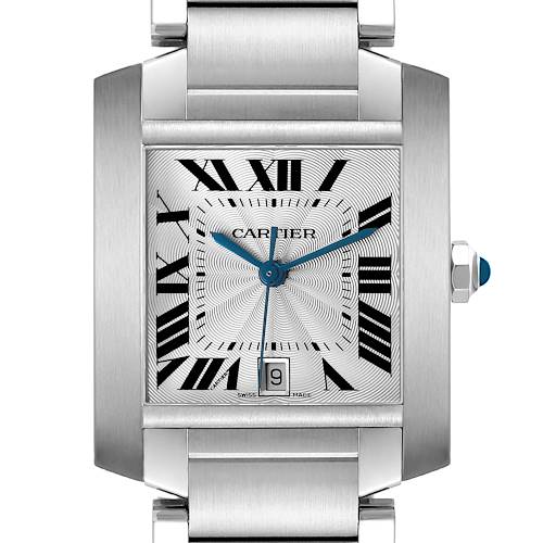 The Cartier Tank Française watch is shown from a front view, highlighting the dial, Roman numerals, hands, and bracelet detail.