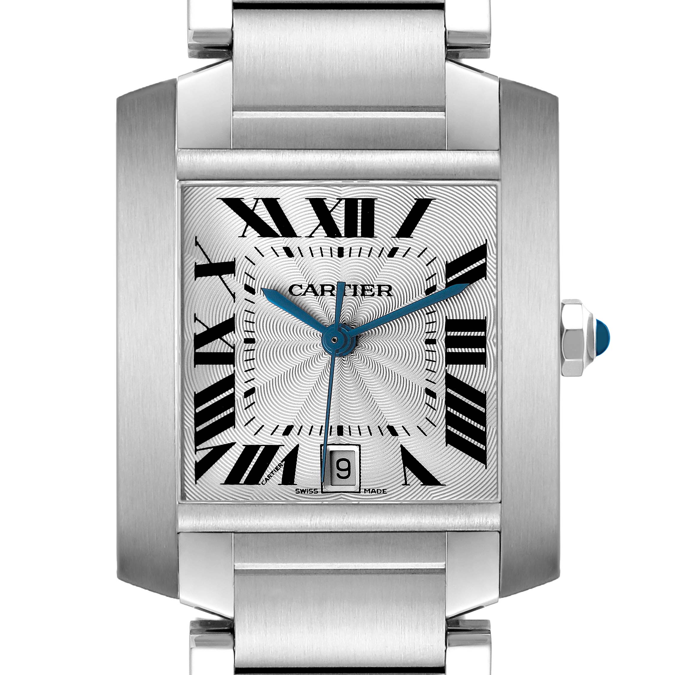 The Cartier Tank Française watch is shown from the front, highlighting its rectangular face, Roman numerals, and metal bracelet.