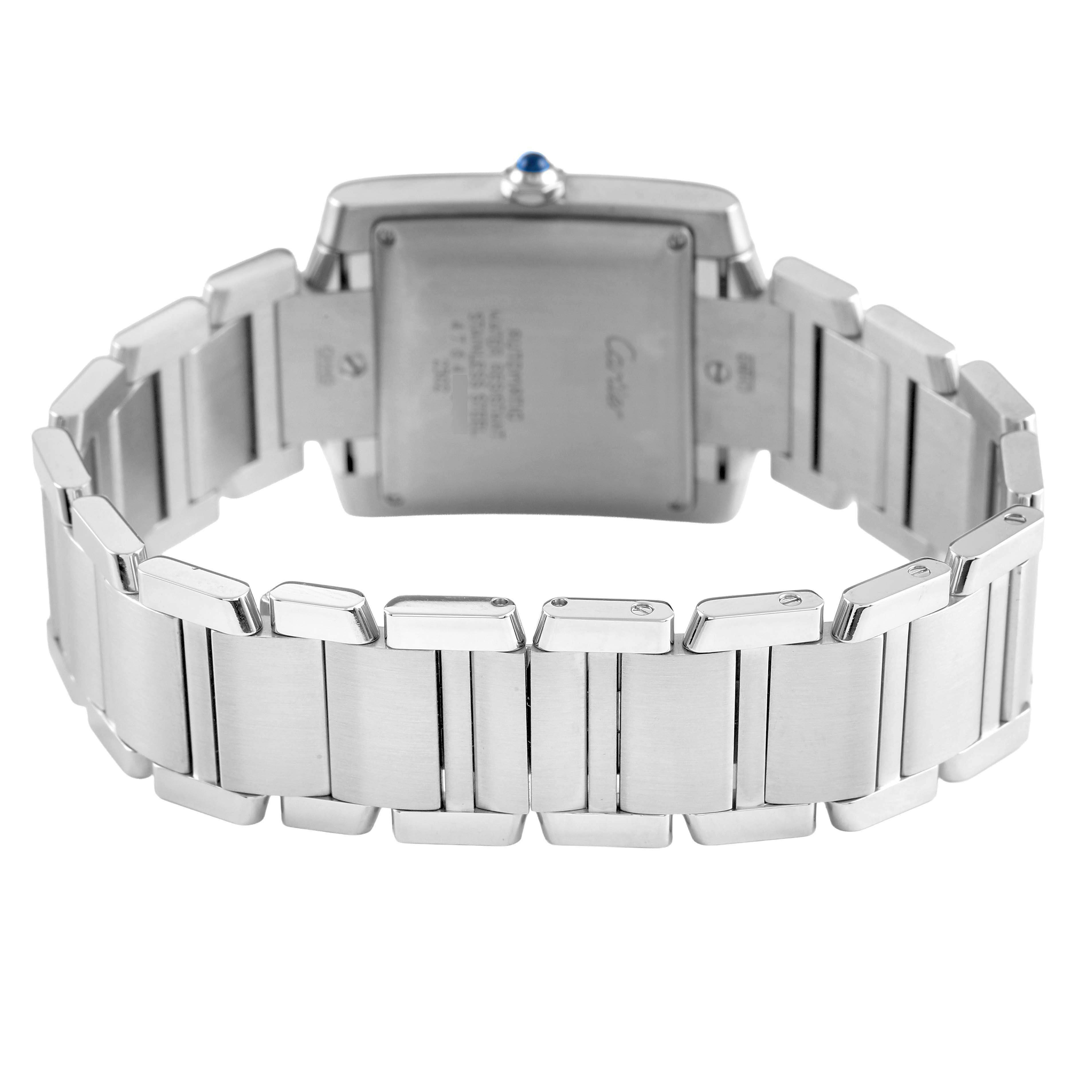 The image shows the back view of a Cartier Tank Française watch, highlighting the stainless steel bracelet and case back.