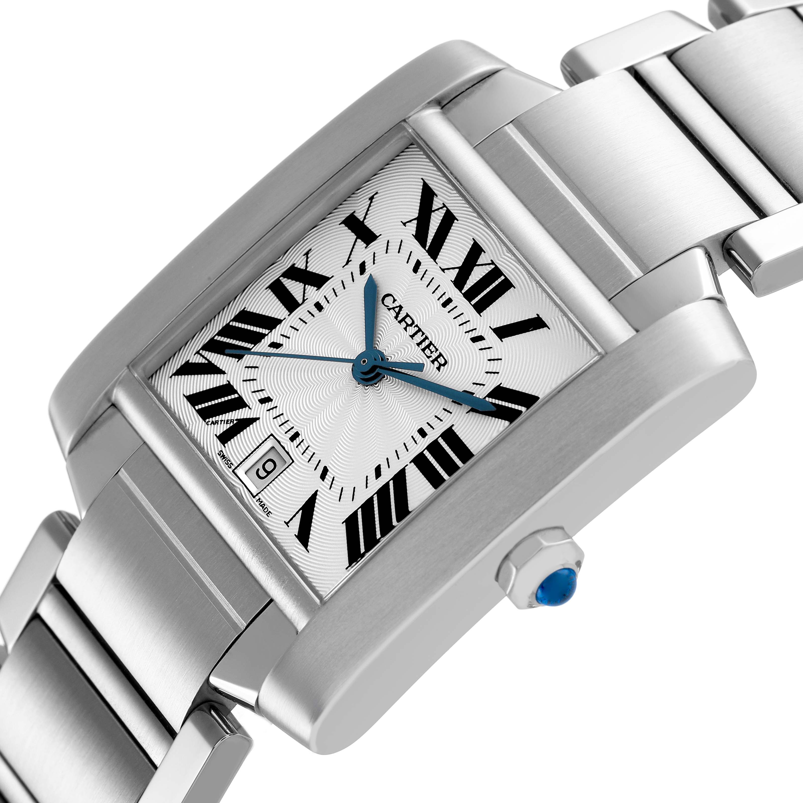The Cartier Tank Française watch is shown at an angled close-up, displaying the face, side profile, and part of the metal bracelet.
