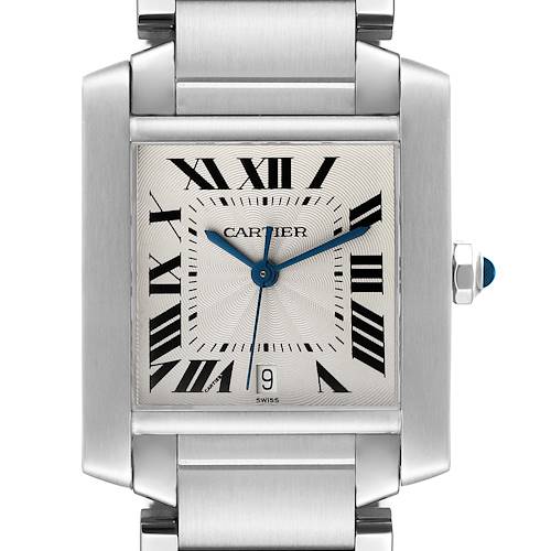 The Cartier Tank Française watch is shown in a front view, highlighting the face, Roman numerals, hands, and metal bracelet.