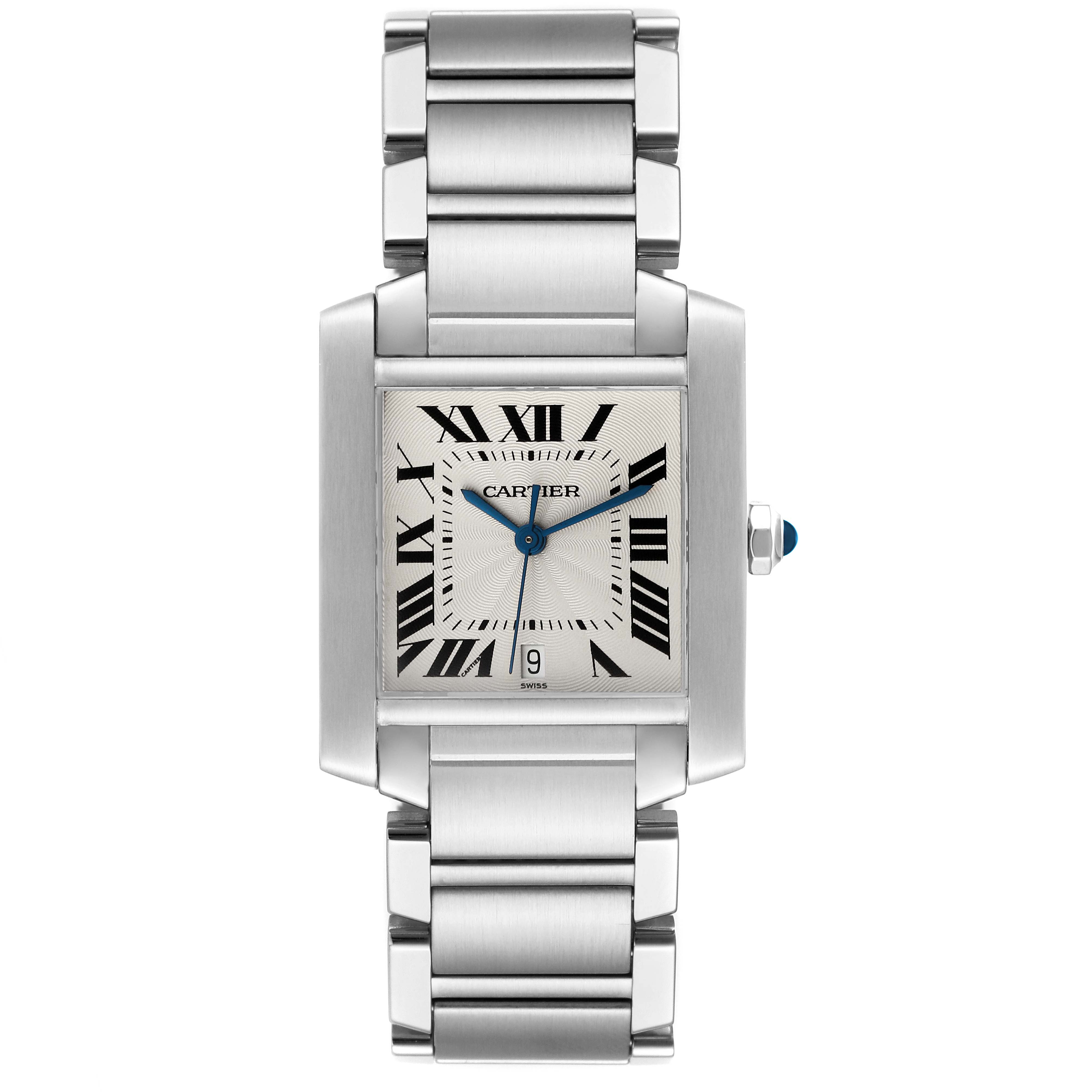 The Cartier Tank Française watch is shown from a front angle, highlighting the bracelet, rectangular case, and Roman numeral dial.
