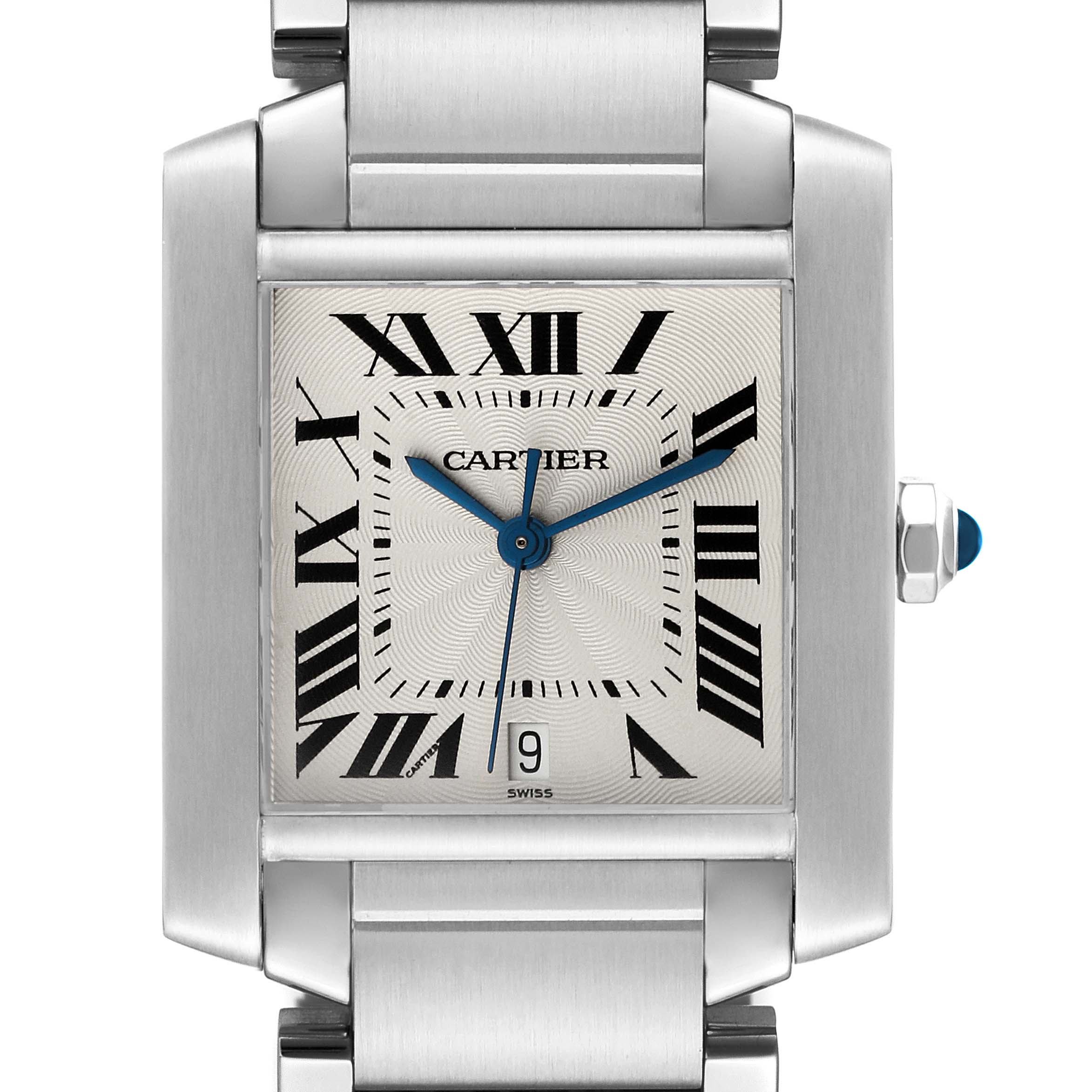 The Cartier Tank Française watch is shown from the front, highlighting the dial, Roman numerals, and date window.