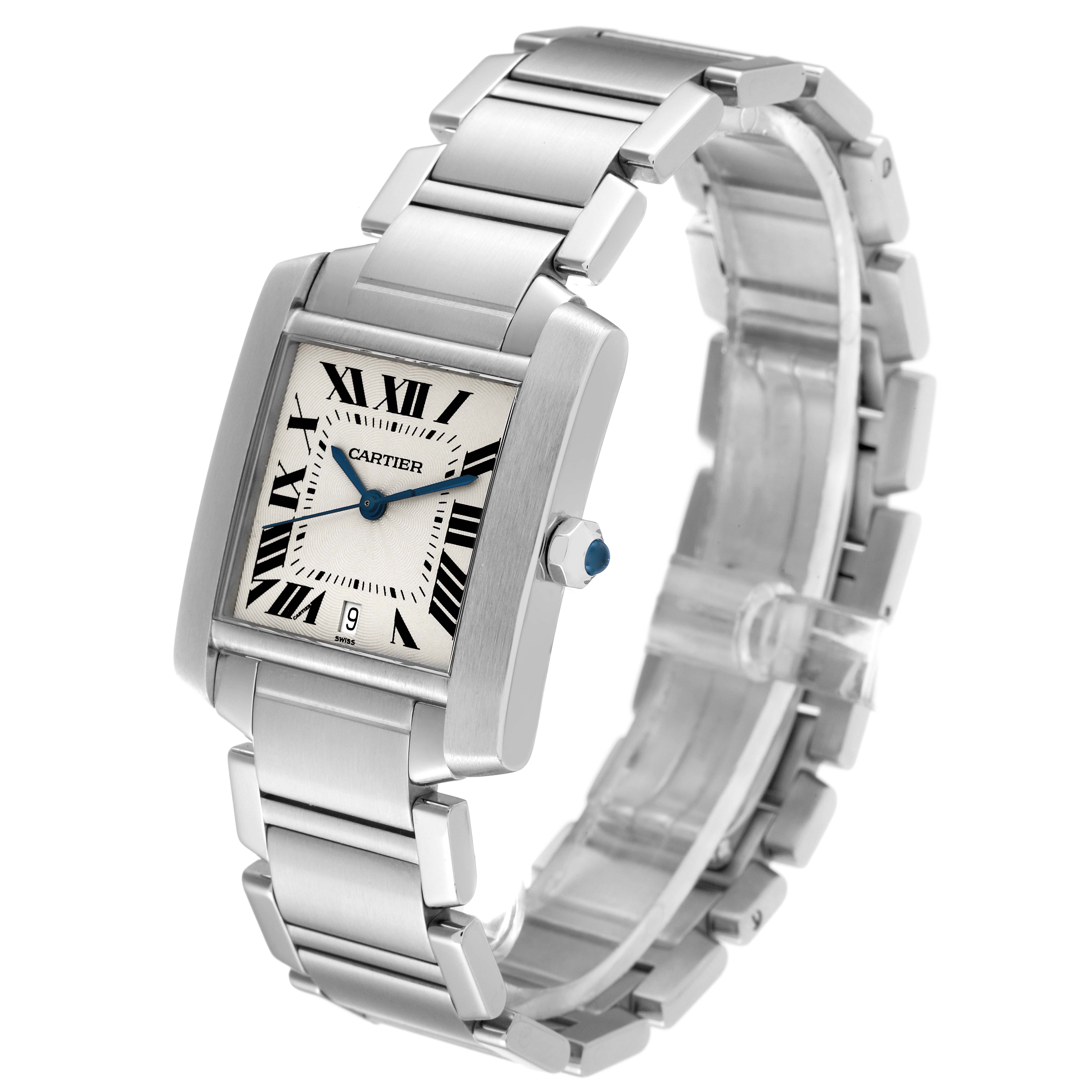 The Cartier Tank Française watch is shown at a three-quarter angle, highlighting the face, bracelet, and crown.