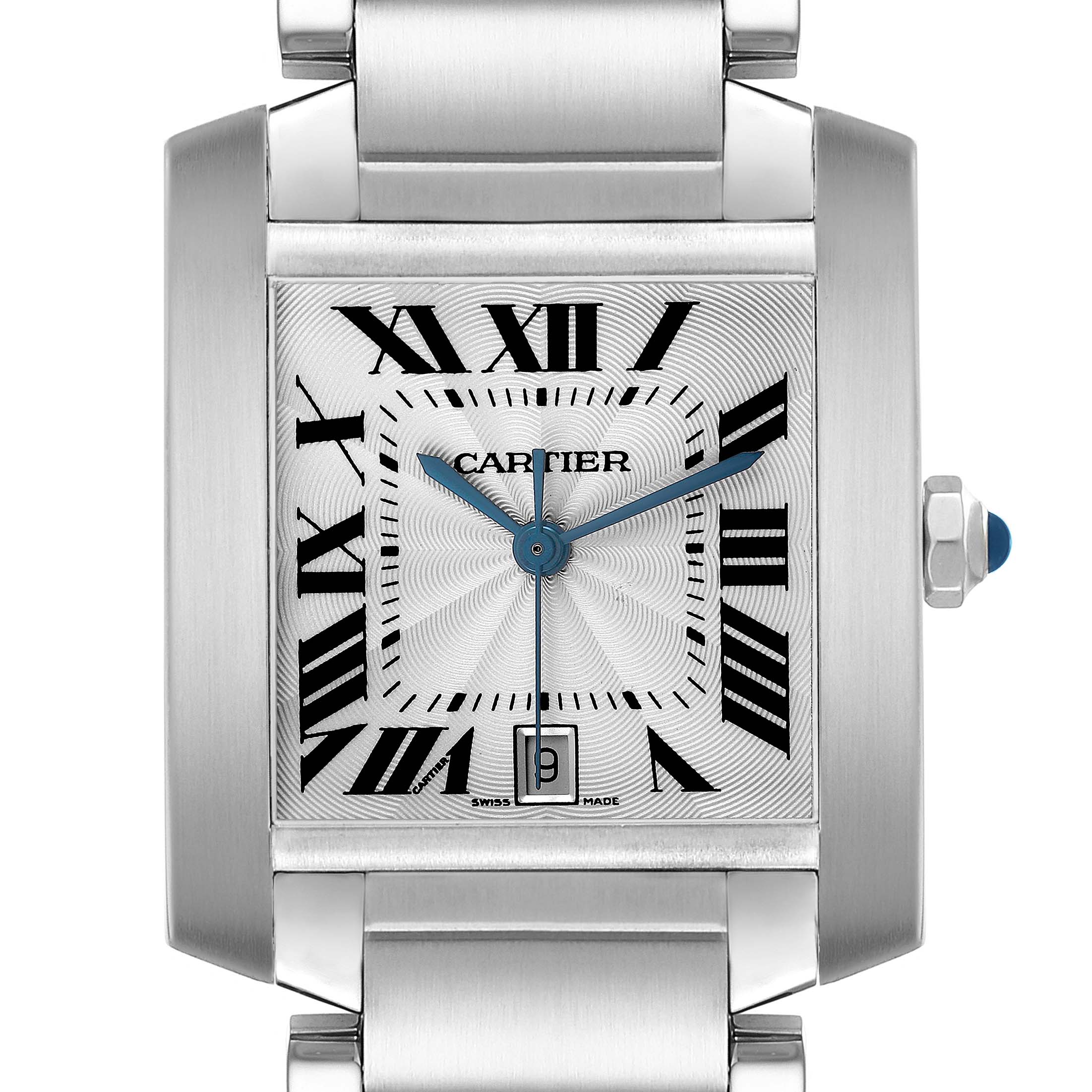 This image shows a close-up of the Cartier Tank Française, featuring the watch face, Roman numerals, hands, crown, and bracelet.