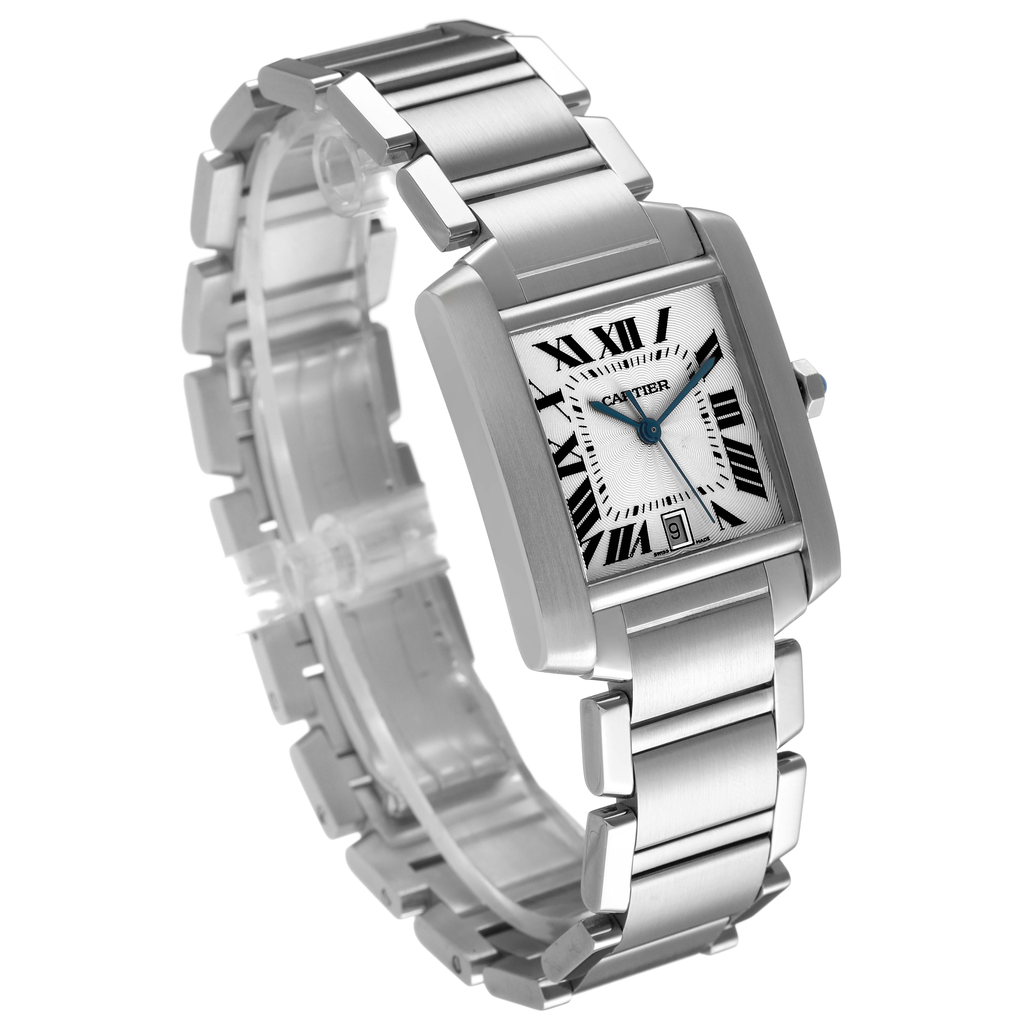 The Cartier Tank Francaise W51002Q3 Men's Stainless Steel Silver Dial watch is shown at a three-quarter angle, highlighting its rectangular case, bracelet, and Roman numeral dial.