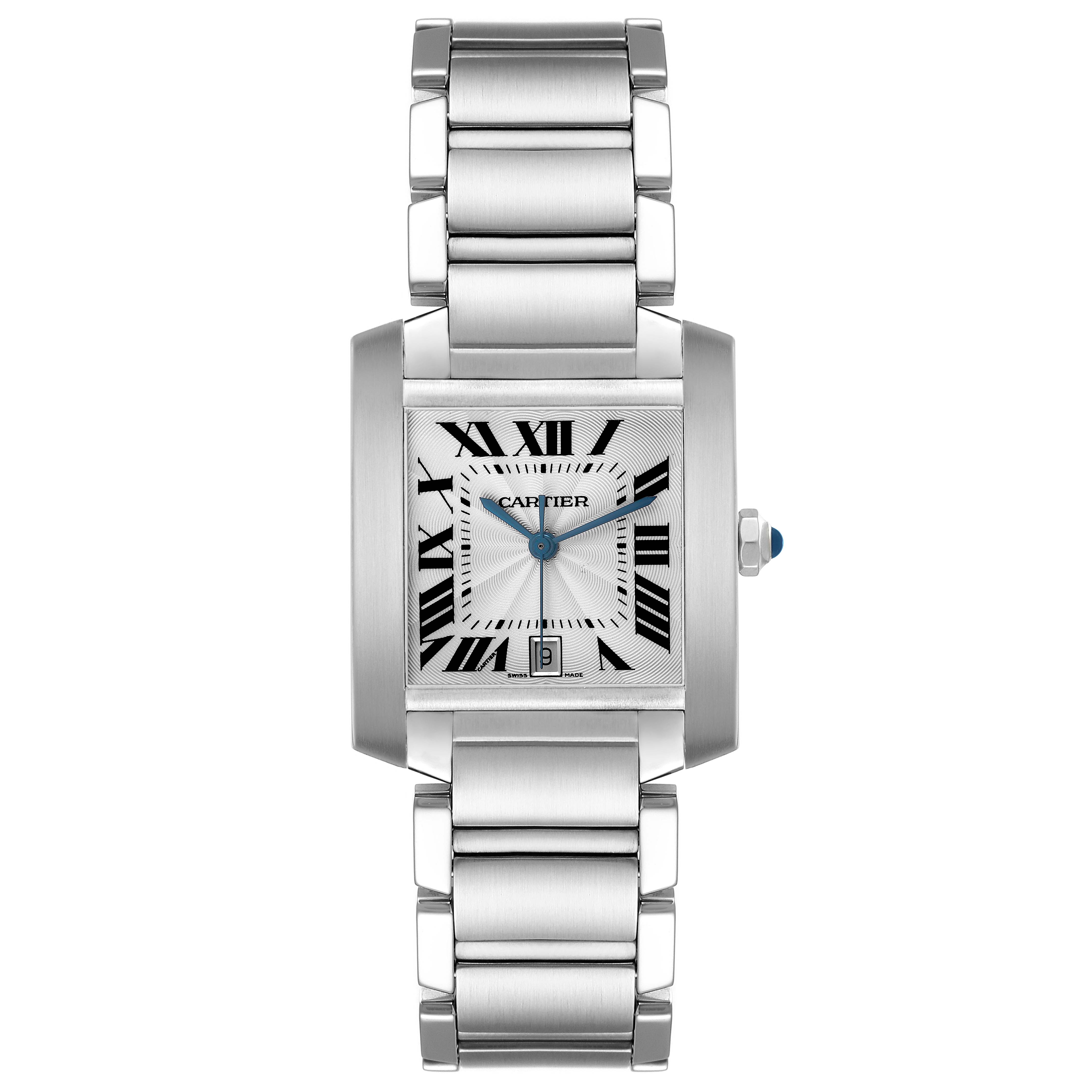 The Cartier Tank Française watch is shown from the front, displaying the face, Roman numerals, and metal bracelet in full view.