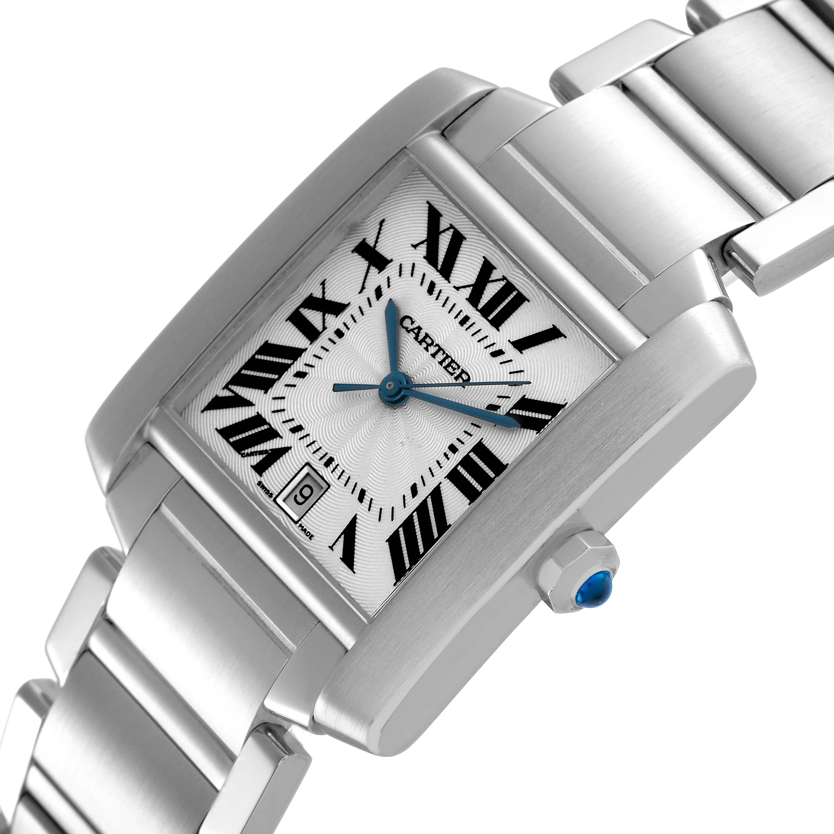 The Cartier Tank Francaise W51002Q3 Men's Stainless Steel Silver Dial watch is shown at an angled view highlighting the dial, Roman numerals, blue hands, date window, and bracelet.