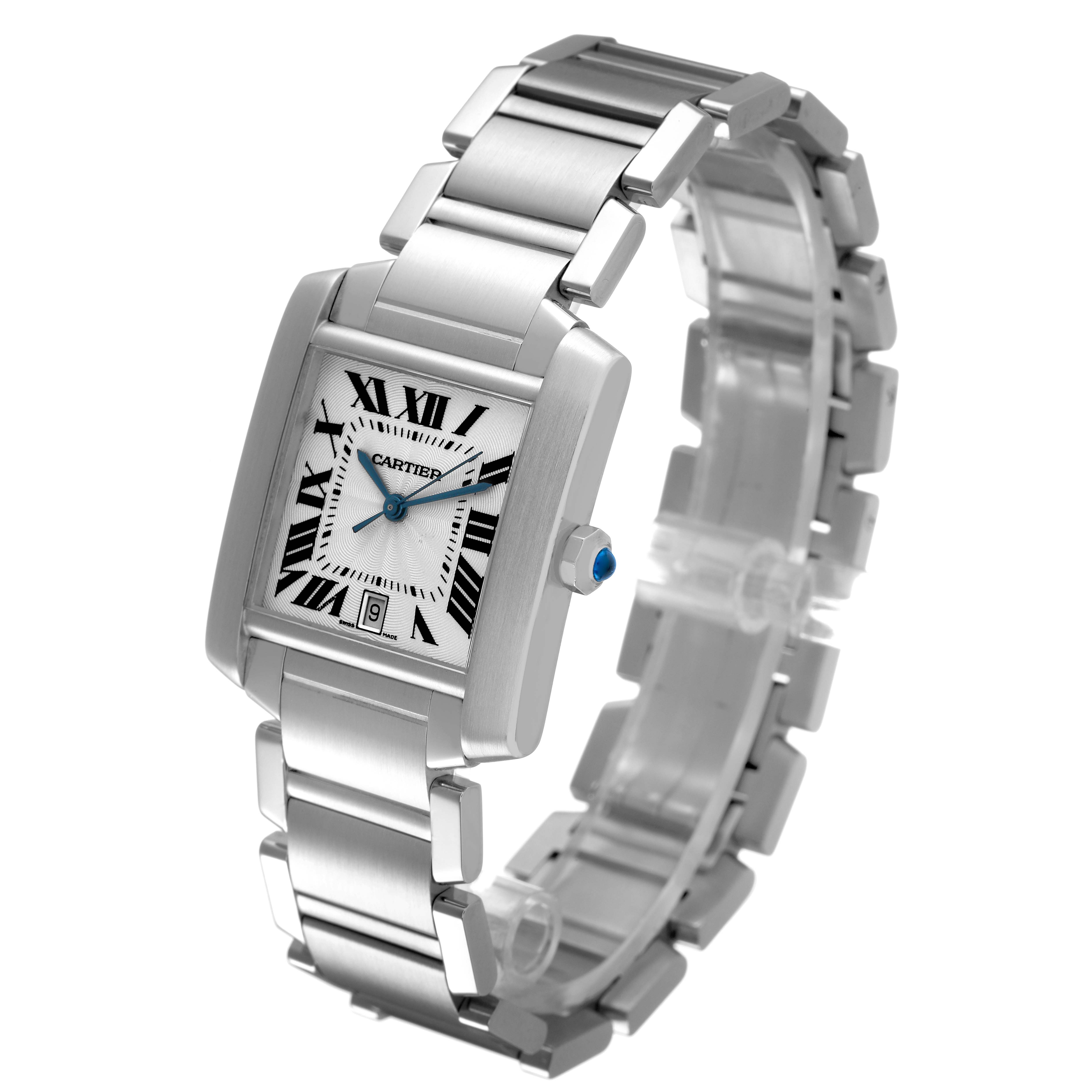 The Cartier Tank Française watch is shown from a three-quarter front angle, highlighting its face, crown, and metal bracelet.