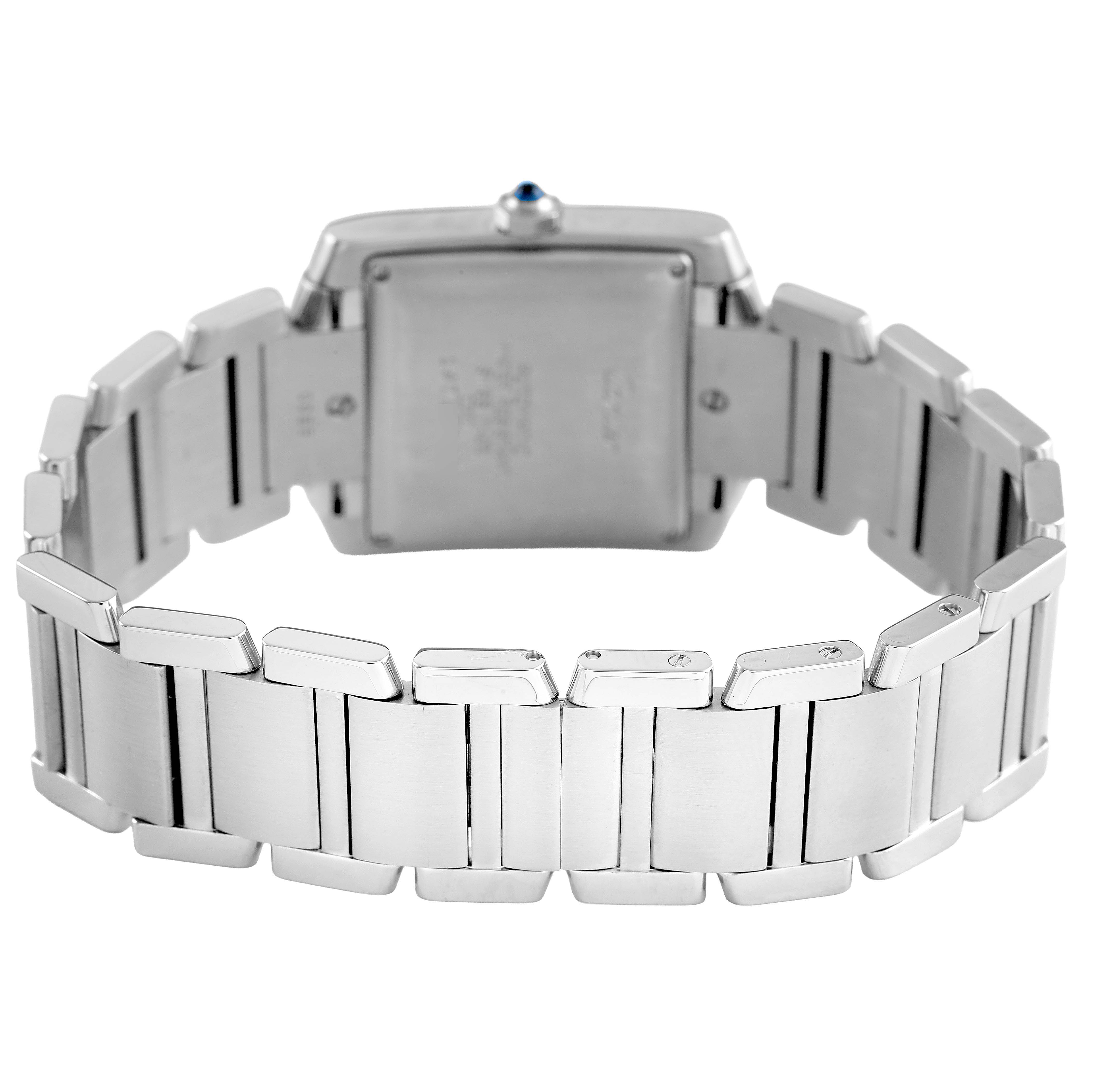 The image shows the back view of a Cartier Tank Française watch, highlighting the bracelet and case back.
