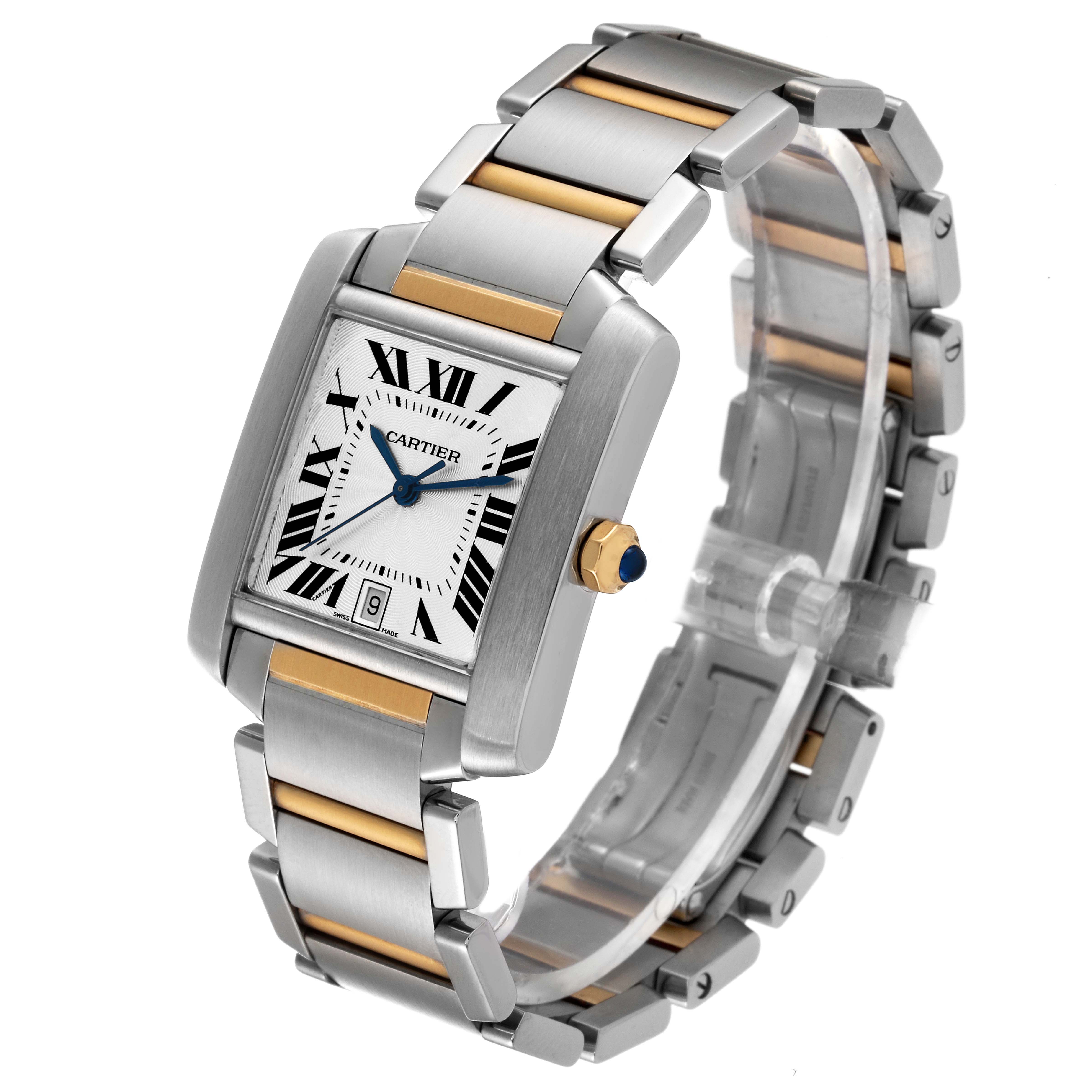 The Cartier Tank Française watch is shown at a three-quarter angle, highlighting the bezel, dial, crown, and bracelet.