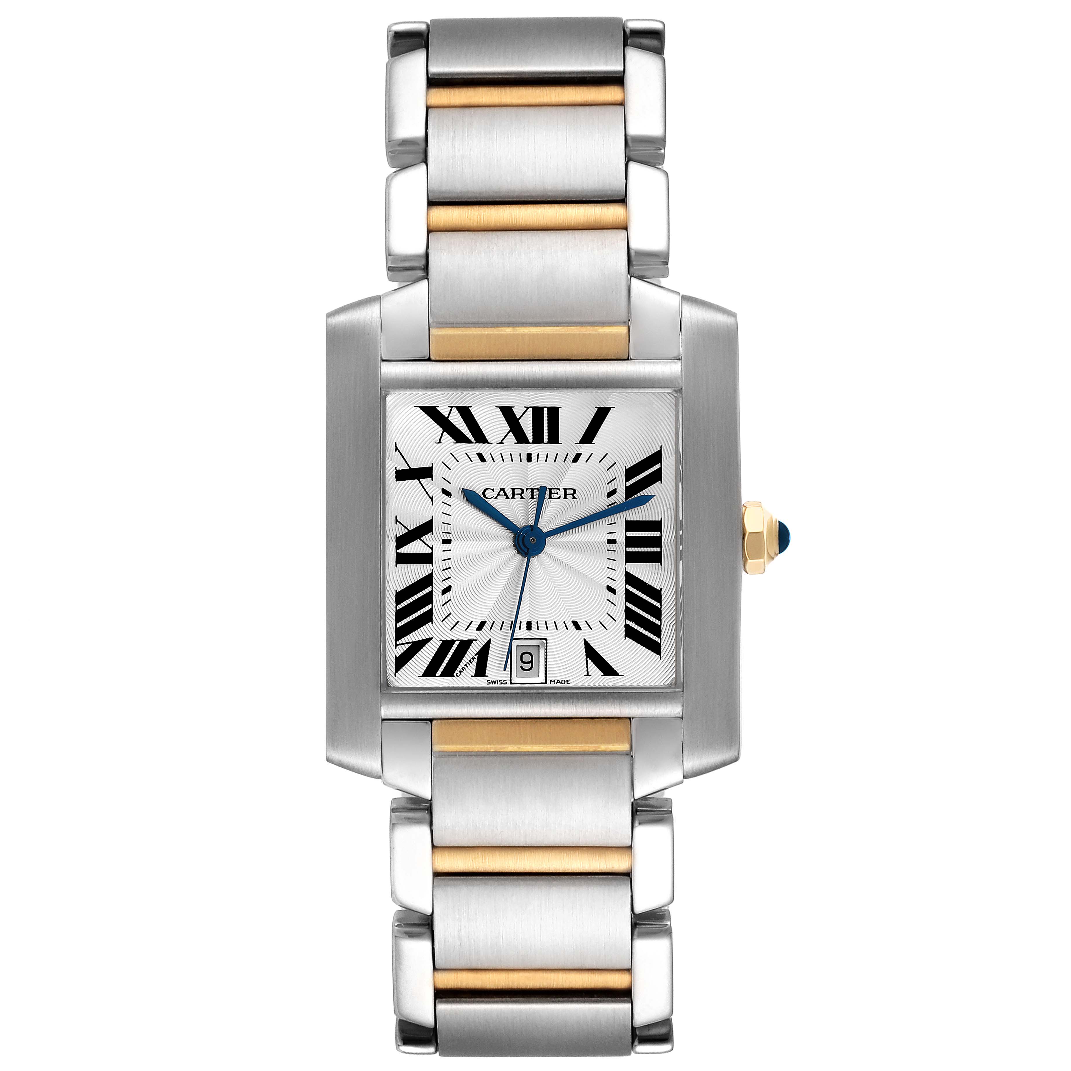 The Cartier Tank Française is shown from a top-down angle, highlighting the face, case, and bracelet.