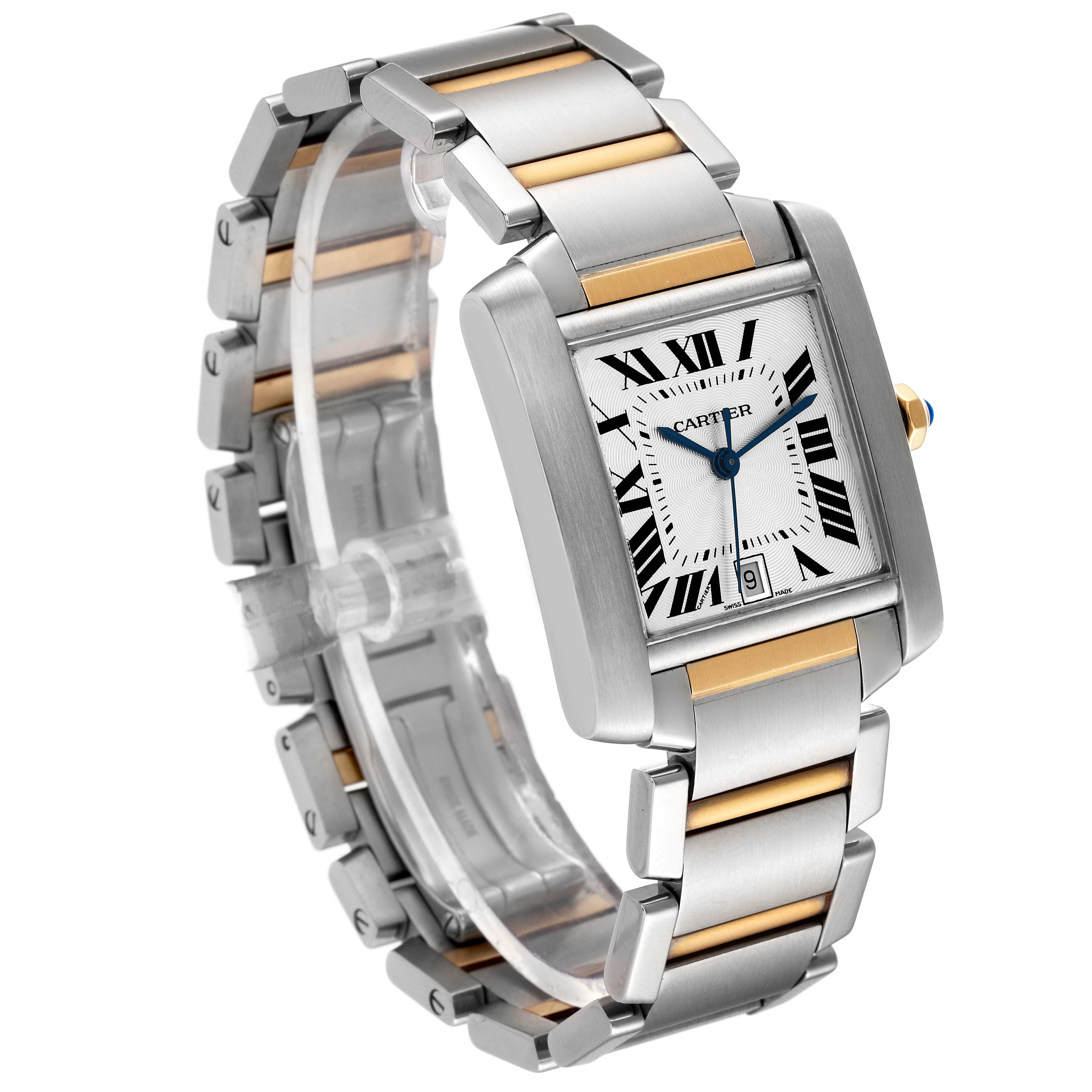 The Cartier Tank Française watch is shown at a three-quarter angle highlighting its rectangular face and two-tone metal bracelet.