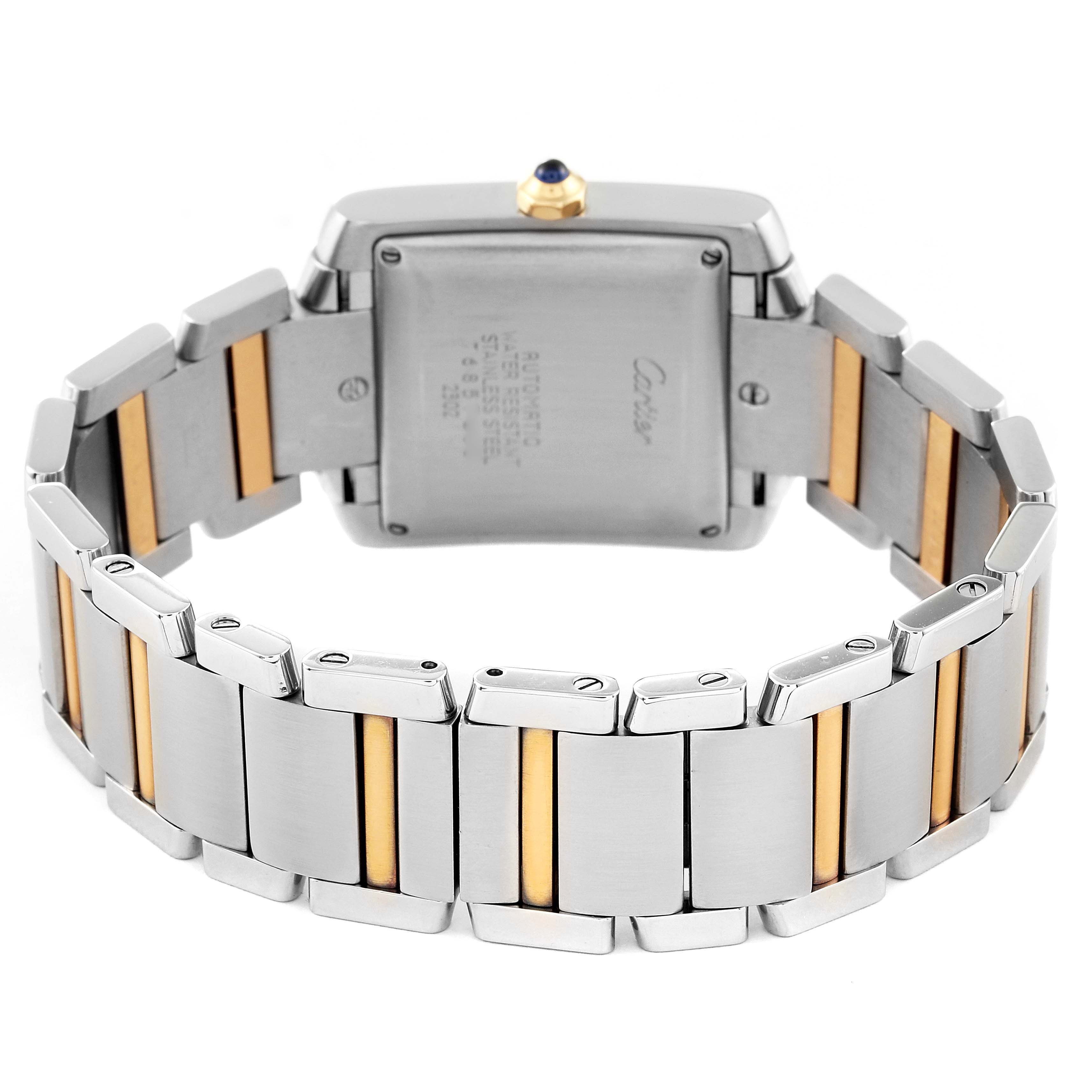 The image shows the back and bracelet of a Cartier Tank Francaise W51005Q4 Men's Steel and Gold (two tone) Silver Dial, highlighting its two-tone metal links and case back.