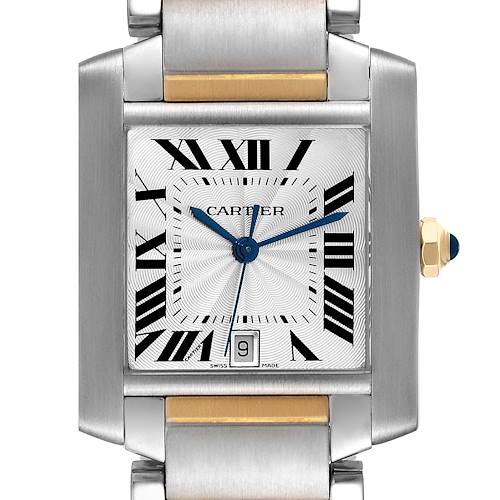 The Cartier Tank Francaise W51005Q4 Men's Steel and Gold (two tone) Silver Dial watch is shown from the front, highlighting its face, case, and part of the bracelet.