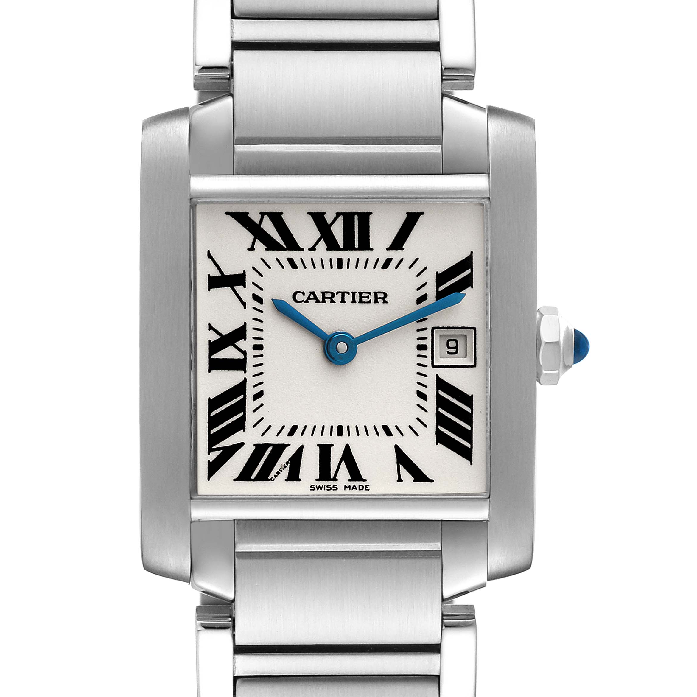 The Cartier Tank Française watch shown is viewed from the front, highlighting its face, Roman numerals, hands, date window, and part of the bracelet.