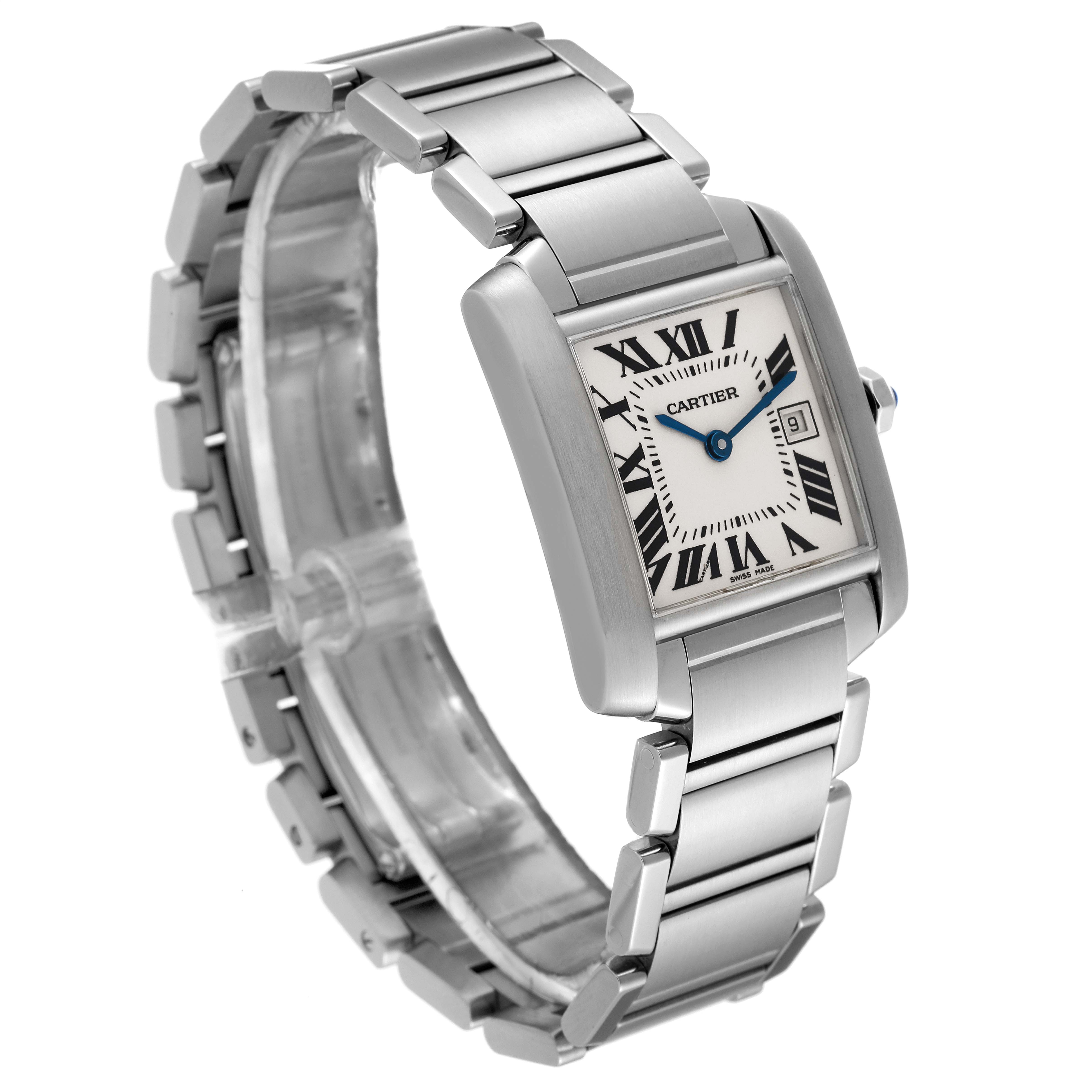 The Cartier Tank Francaise W51011Q3 Women's Stainless Steel Silver Dial W51011Q3 Women's Stainless Steel Silver Dial watch is shown at a slight angle, highlighting its rectangular dial, stainless steel bracelet, and side profile.