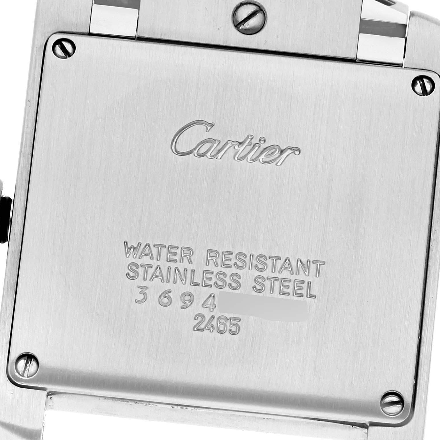 This image shows the back case of a Cartier Tank Francaise W51011Q3 Women's Stainless Steel Silver Dial W51011Q3 Women's Stainless Steel Silver Dial watch, highlighting its water resistance and stainless steel material.