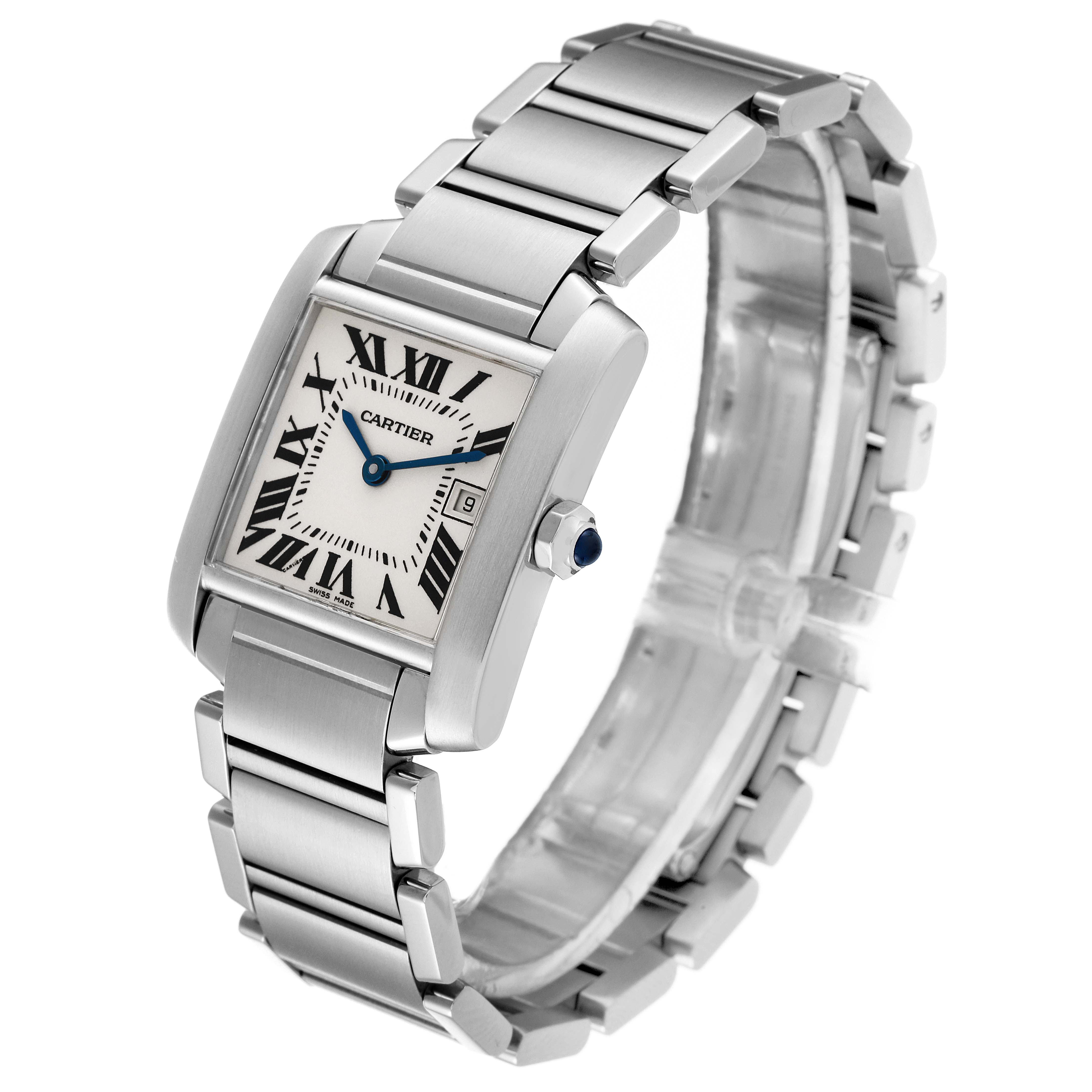 The Cartier Tank Francaise W51011Q3 Women's Stainless Steel Silver Dial W51011Q3 Women's Stainless Steel Silver Dial watch is shown at a right-side angle, displaying the dial, case, and bracelet.