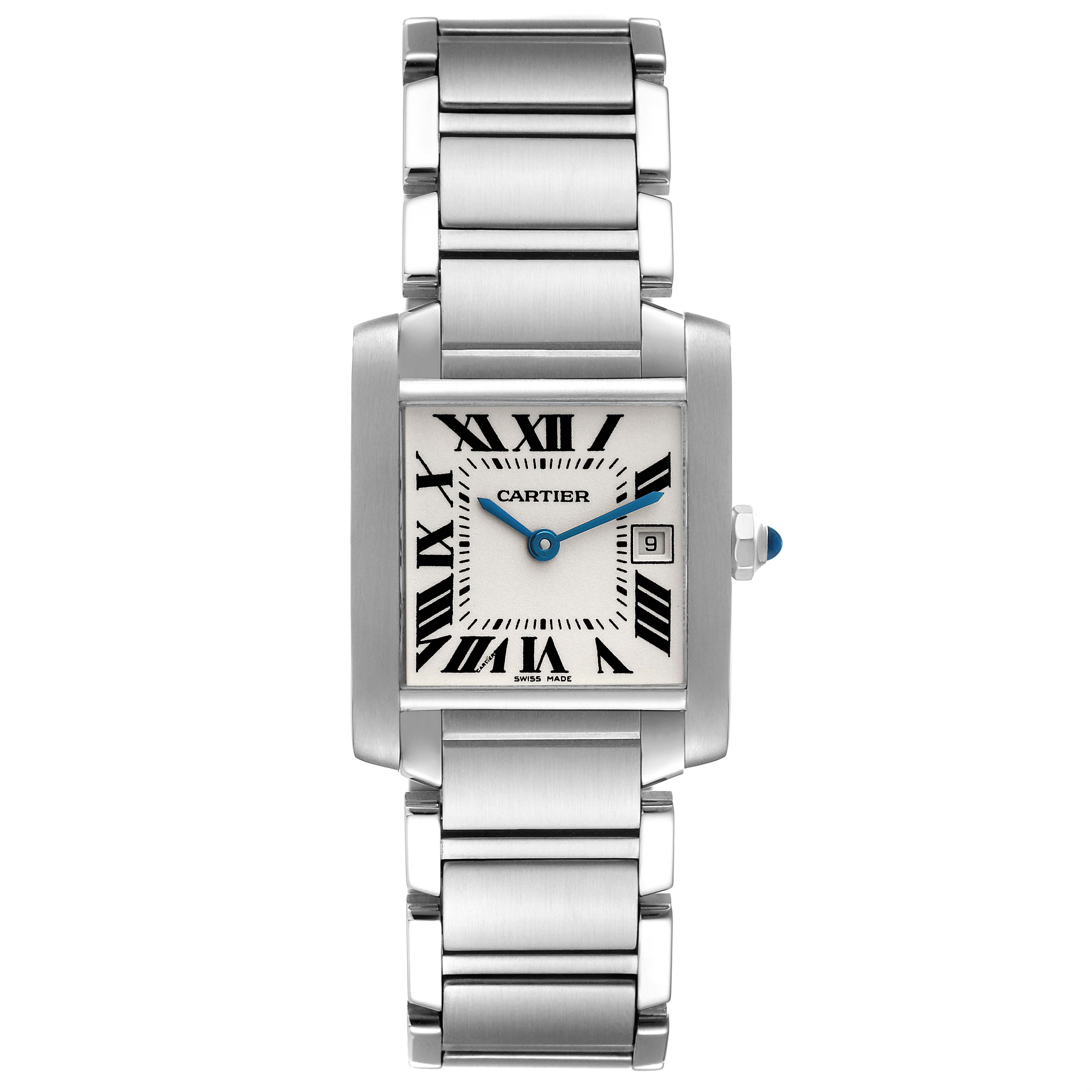 The Cartier Tank Francaise W51011Q3 Women's Stainless Steel Silver Dial W51011Q3 Women's Stainless Steel Silver Dial watch is shown from the front, highlighting its rectangular face, Roman numerals, and metal bracelet.
