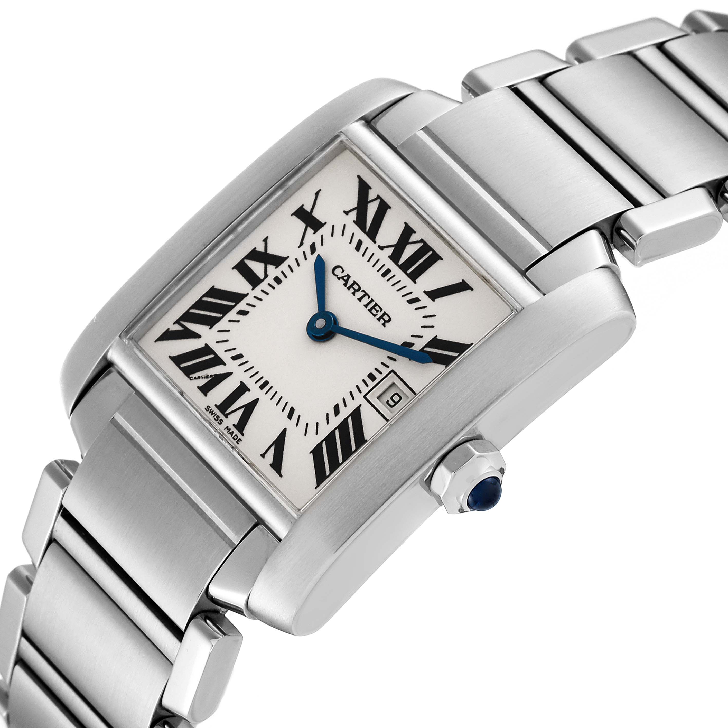 The image shows a close-up angle of a Cartier Tank Francaise W51011Q3 Women's Stainless Steel Silver Dial W51011Q3 Women's Stainless Steel Silver Dial watch, highlighting its rectangular face, blue hands, and metal bracelet.