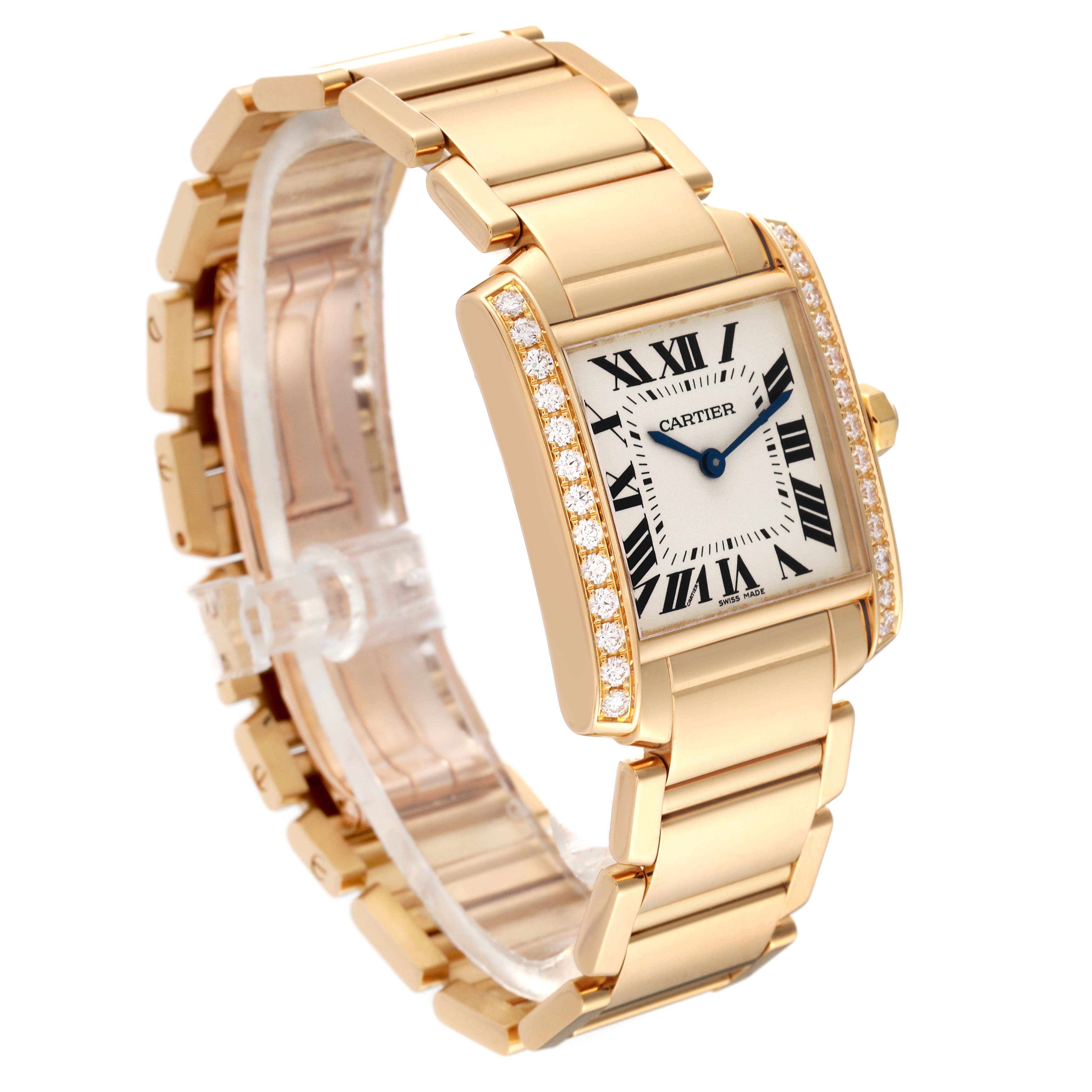 The Cartier Tank Francaise WJTA0025 Women's Yellow Gold Silver Dial WJTA0025 Women's Yellow Gold Silver Dial watch is shown at a three-quarter angle, highlighting its gold bracelet, diamond-encrusted bezel, and Roman numeral dial.