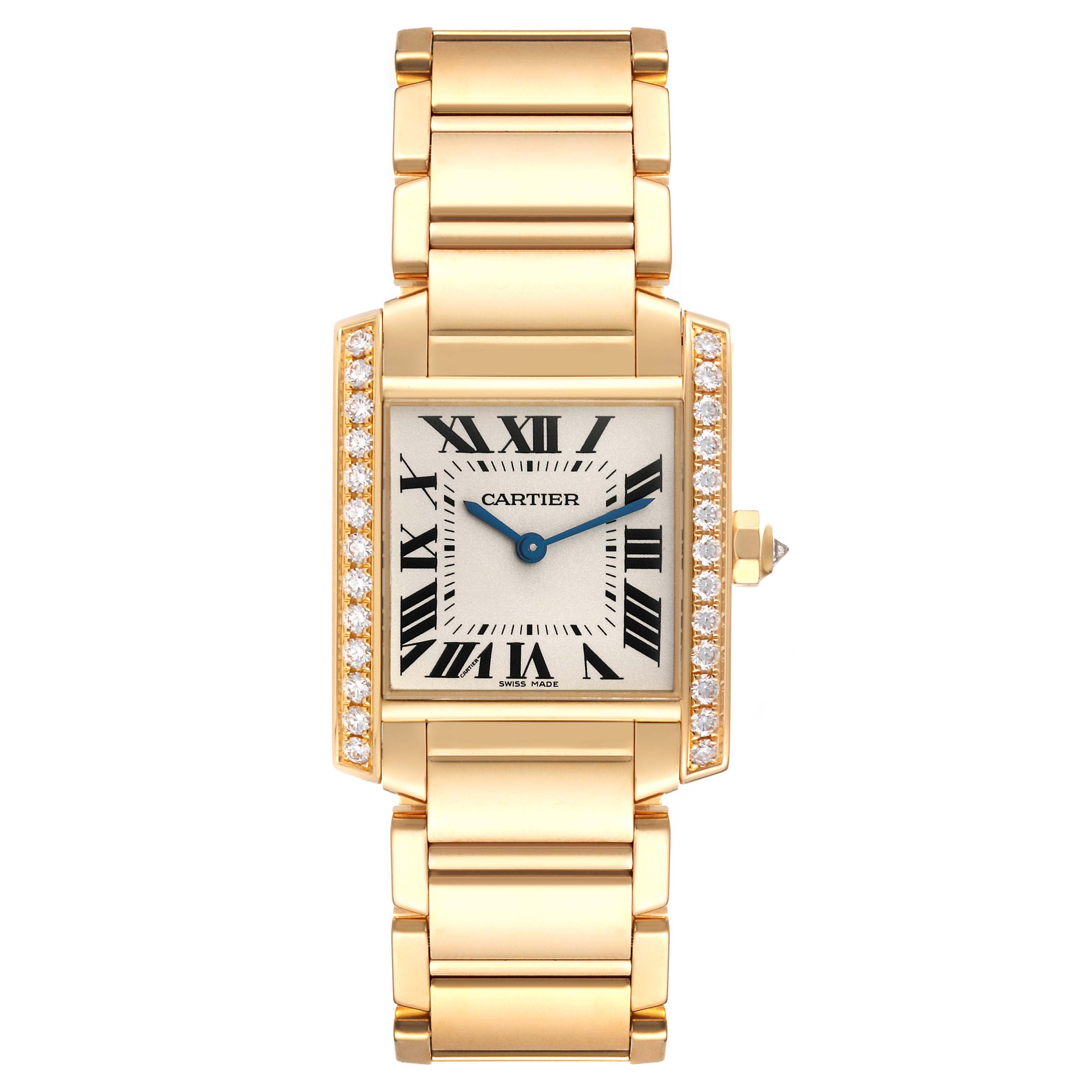 The image shows a front view of the Cartier Tank Francaise WJTA0025 Women's Yellow Gold Silver Dial WJTA0025 Women's Yellow Gold Silver Dial watch, highlighting its gold band, rectangular face, and diamond accents.