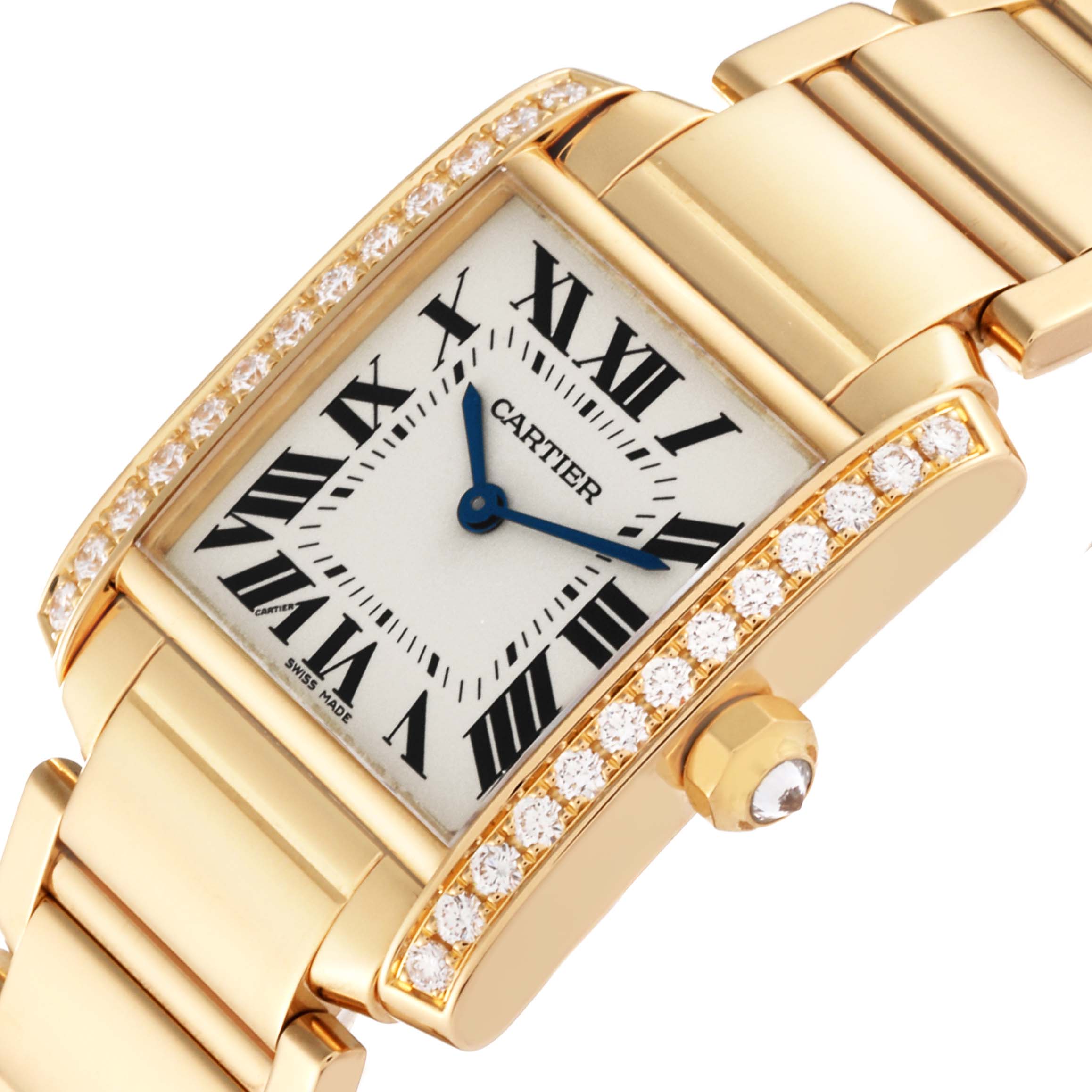This image shows a close-up view of a Cartier Tank Française watch face, including the bracelet, crown, and diamond embellishments.