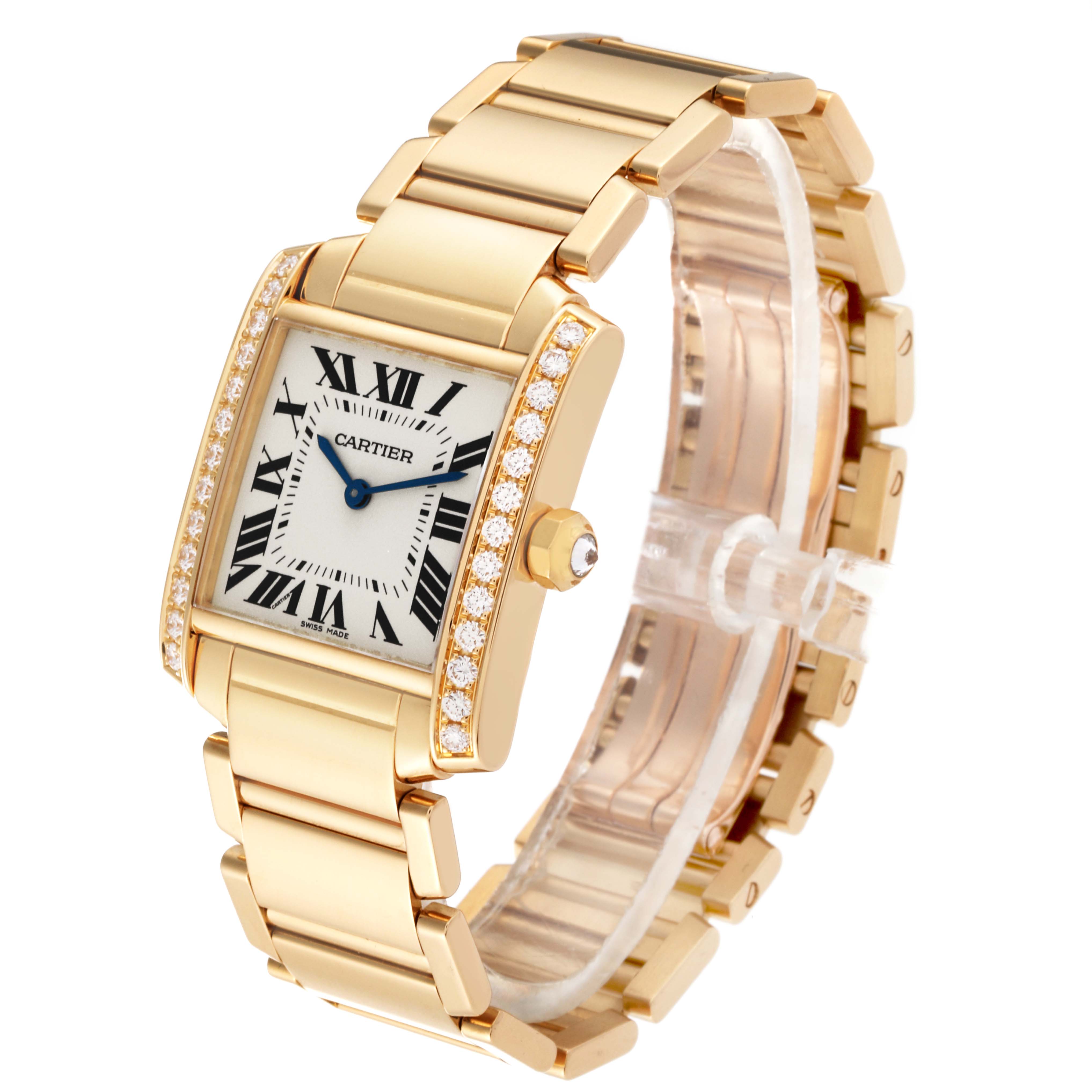 The image shows a Cartier Tank Francaise WJTA0025 Women's Yellow Gold Silver Dial WJTA0025 Women's Yellow Gold Silver Dial watch, angled to display the face, case, and bracelet in gold with diamond accents.