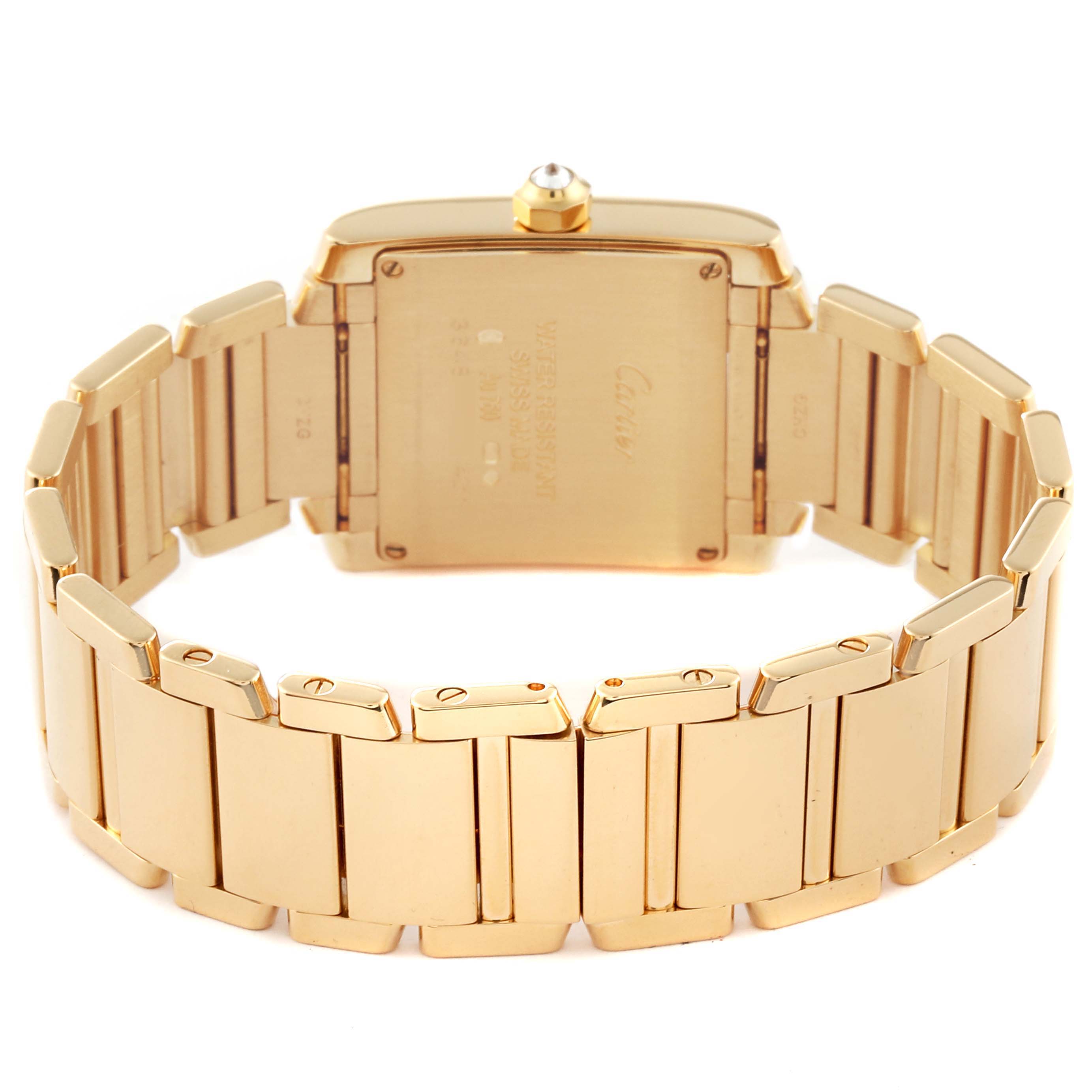 This image shows the back view of a Cartier Tank Française watch, highlighting the gold bracelet and case back.