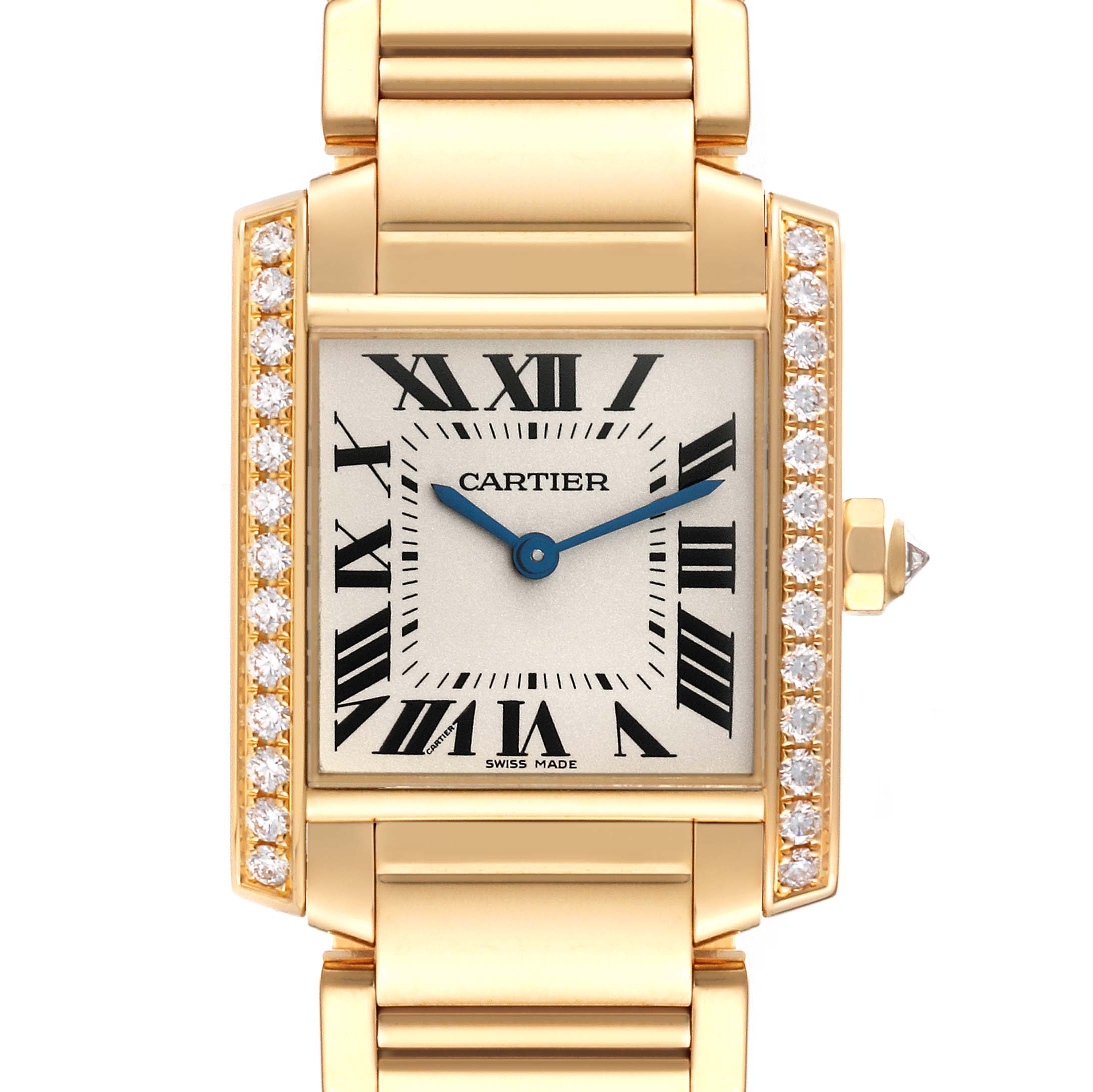 This image shows a front view of a Cartier Tank Francaise WJTA0025 Women's Yellow Gold Silver Dial WJTA0025 Women's Yellow Gold Silver Dial watch, highlighting the dial, case, and part of the bracelet.