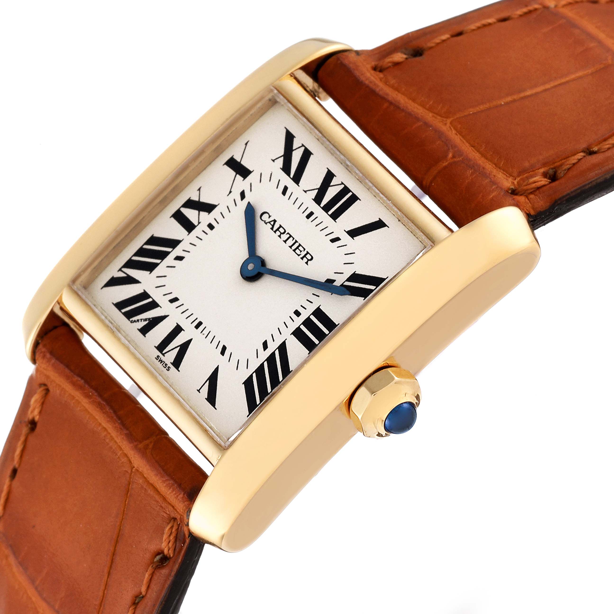 The image shows a Cartier Tank Française watch, featuring its gold rectangular case, white dial with Roman numerals, and brown leather strap.