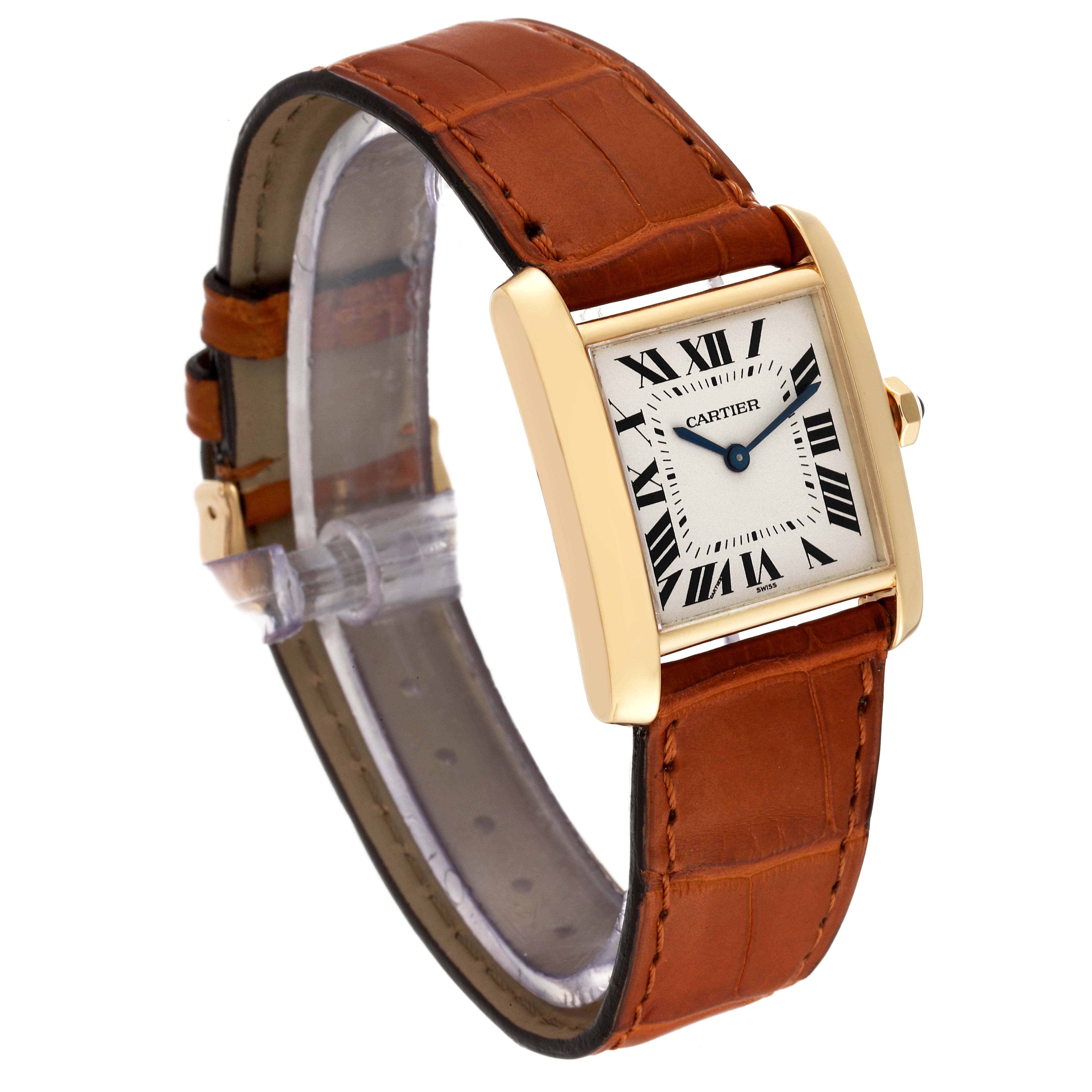 The Cartier Tank Francaise W5000356 Women's Yellow Gold Silver Dial W5000356 Women's Yellow Gold Silver Dial watch is shown at a three-quarter angle, displaying the face, bezel, crown, and leather strap.