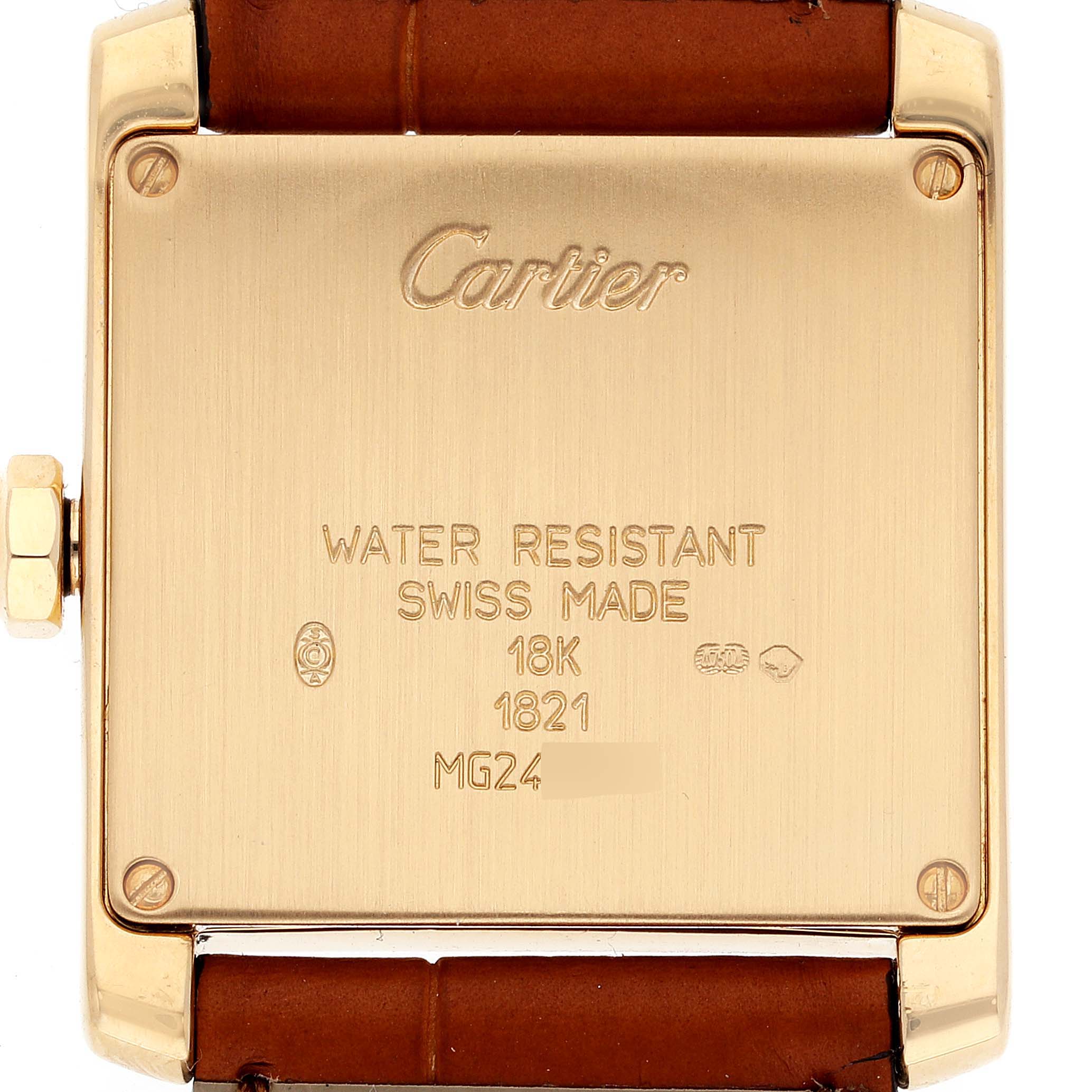 This is a rear view of the Cartier Tank Francaise W5000356 Women's Yellow Gold Silver Dial W5000356 Women's Yellow Gold Silver Dial watch, showcasing its back cover inscriptions and leather strap.
