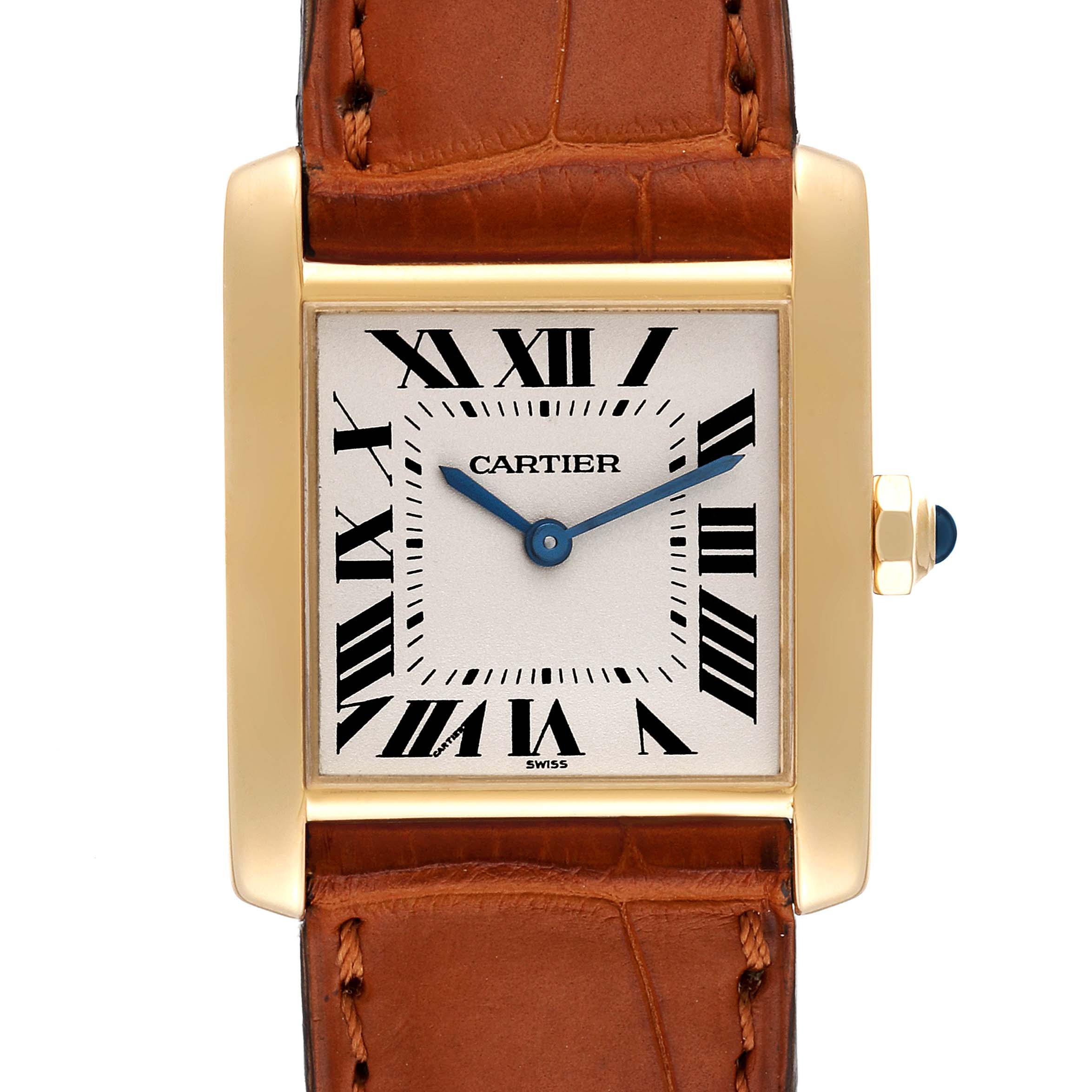 The image shows a Cartier Tank Française watch from a front angle, highlighting the face, case, and part of the leather strap.