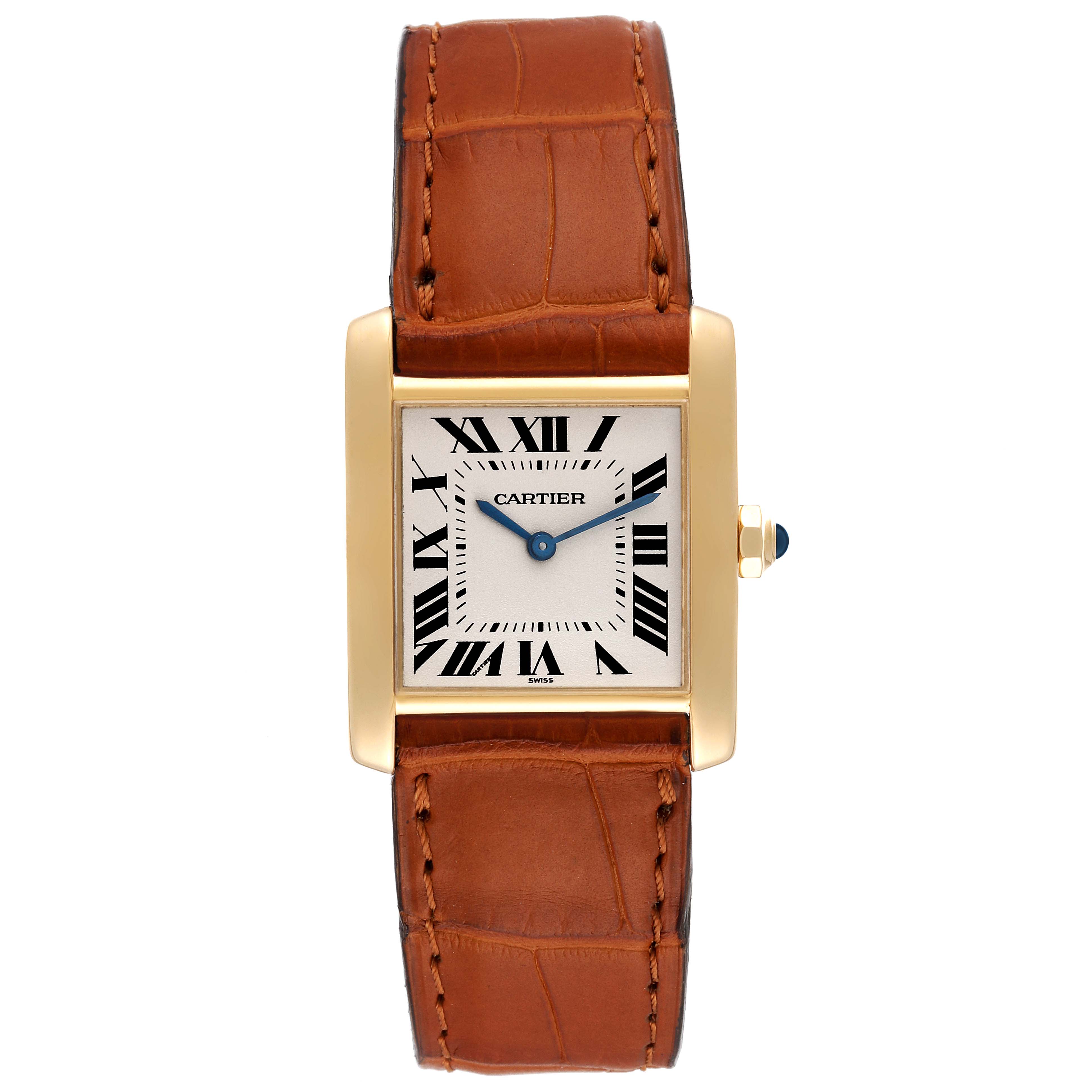 This image shows a front view of the Cartier Tank Française watch, displaying its rectangular face, Roman numerals, and leather strap.