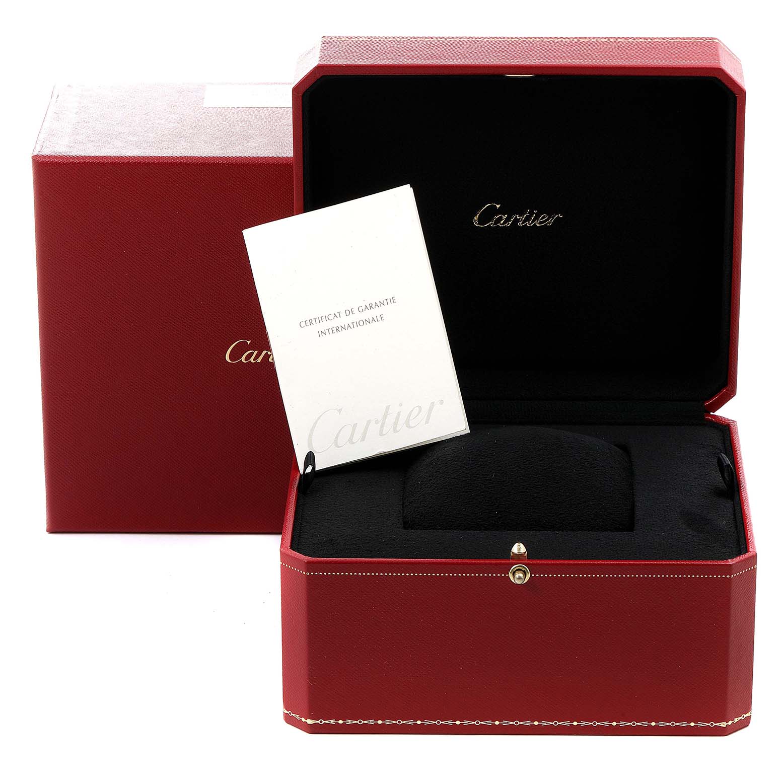 The red Cartier watch box for the Tank Francaise model is shown open with a certificate and a black cushion inside.