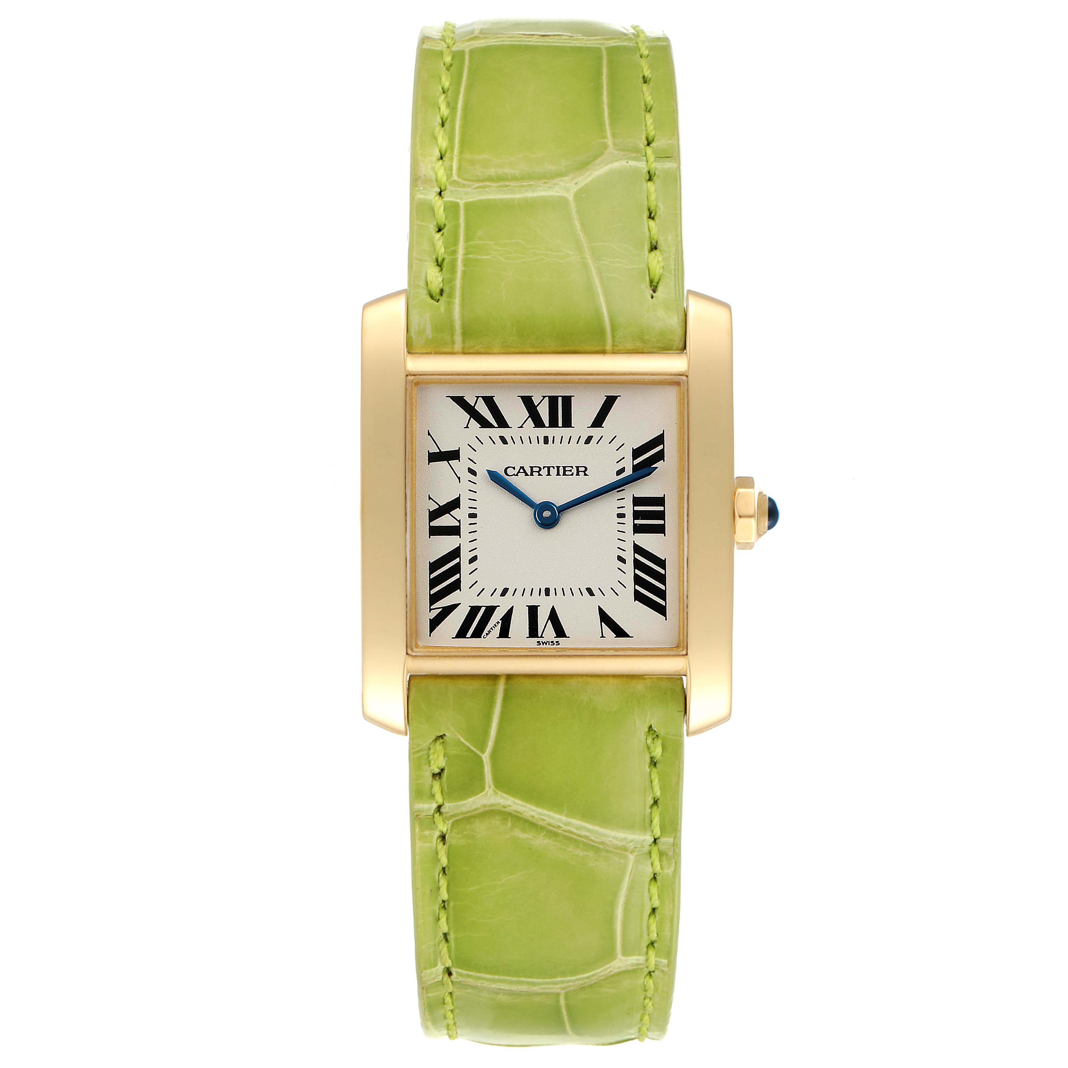 This image shows the front view of the Cartier Tank Francaise W5000356 Women's Yellow Gold Silver Dial W5000356 Women's Yellow Gold Silver Dial watch, displaying its green leather strap and square dial with Roman numerals.