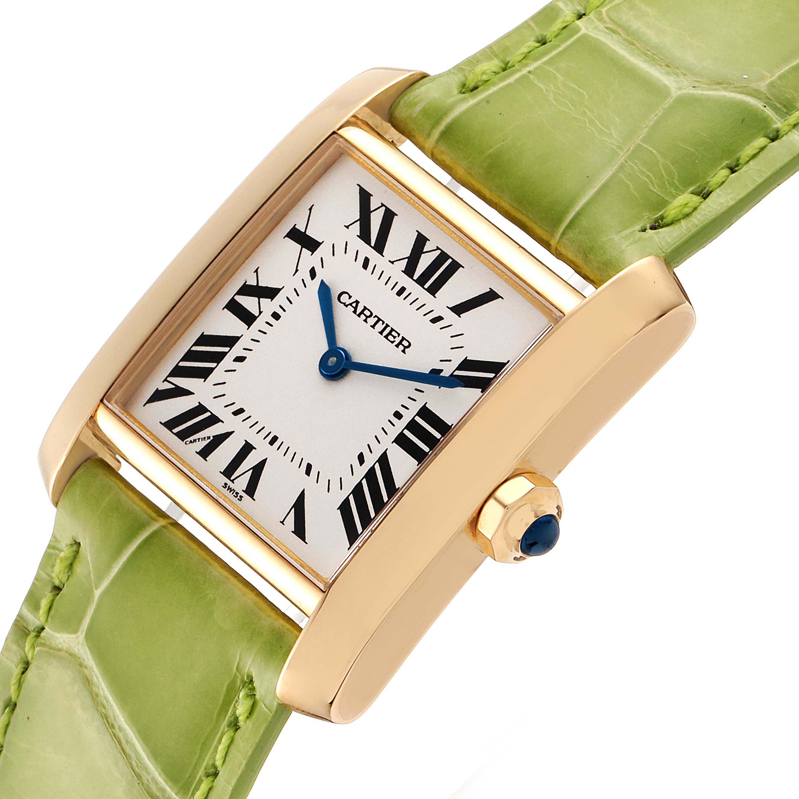 The Cartier Tank Francaise W5000356 Women's Yellow Gold Silver Dial W5000356 Women's Yellow Gold Silver Dial watch is displayed from an angled top view, highlighting the face, crown, and green leather strap.