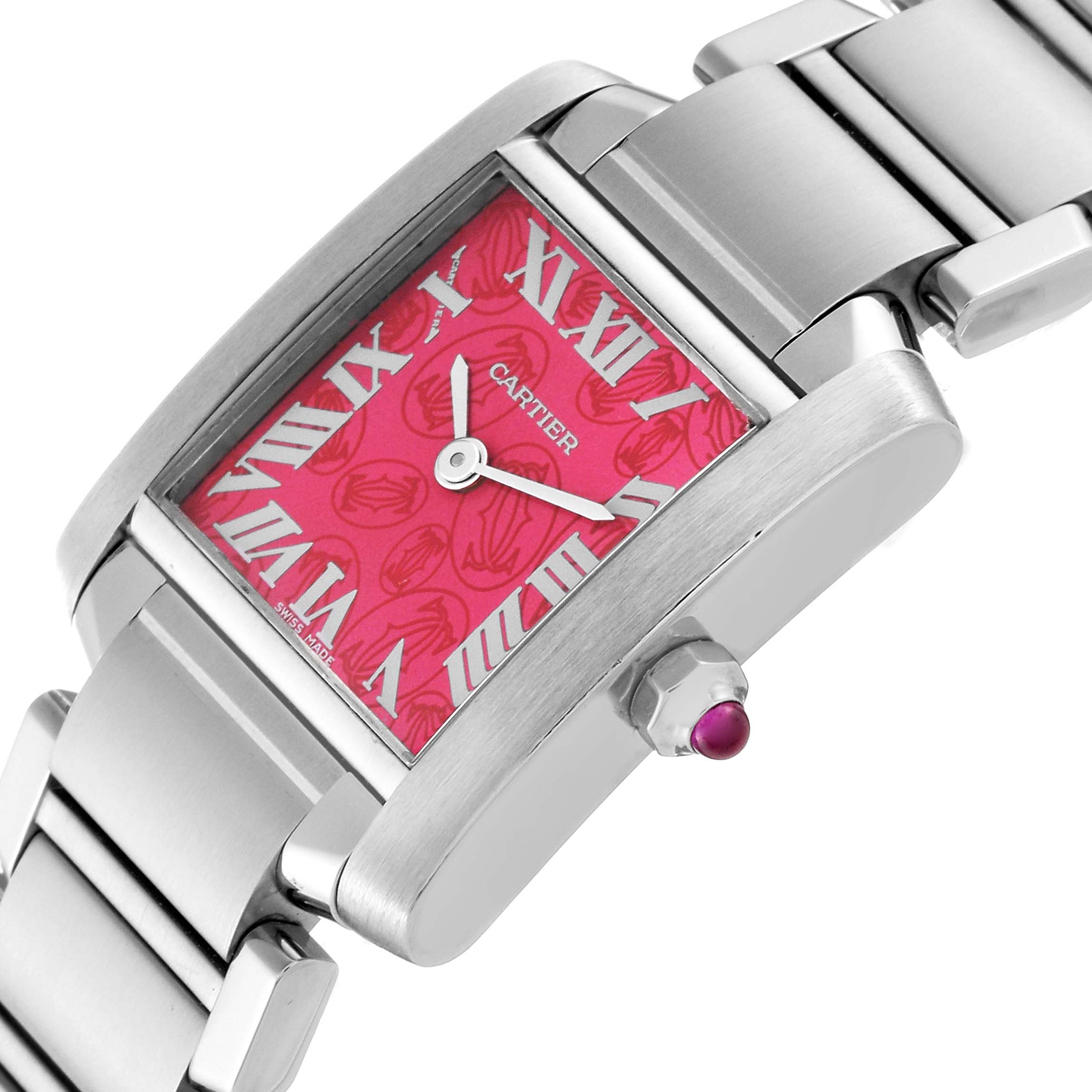 This image shows a close-up angle of the Cartier Tank Francaise W51030Q3 Women's Stainless Steel Pink Dial W51030Q3 Women's Stainless Steel Pink Dial watch, highlighting its pink dial, silver Roman numerals, and metal bracelet.