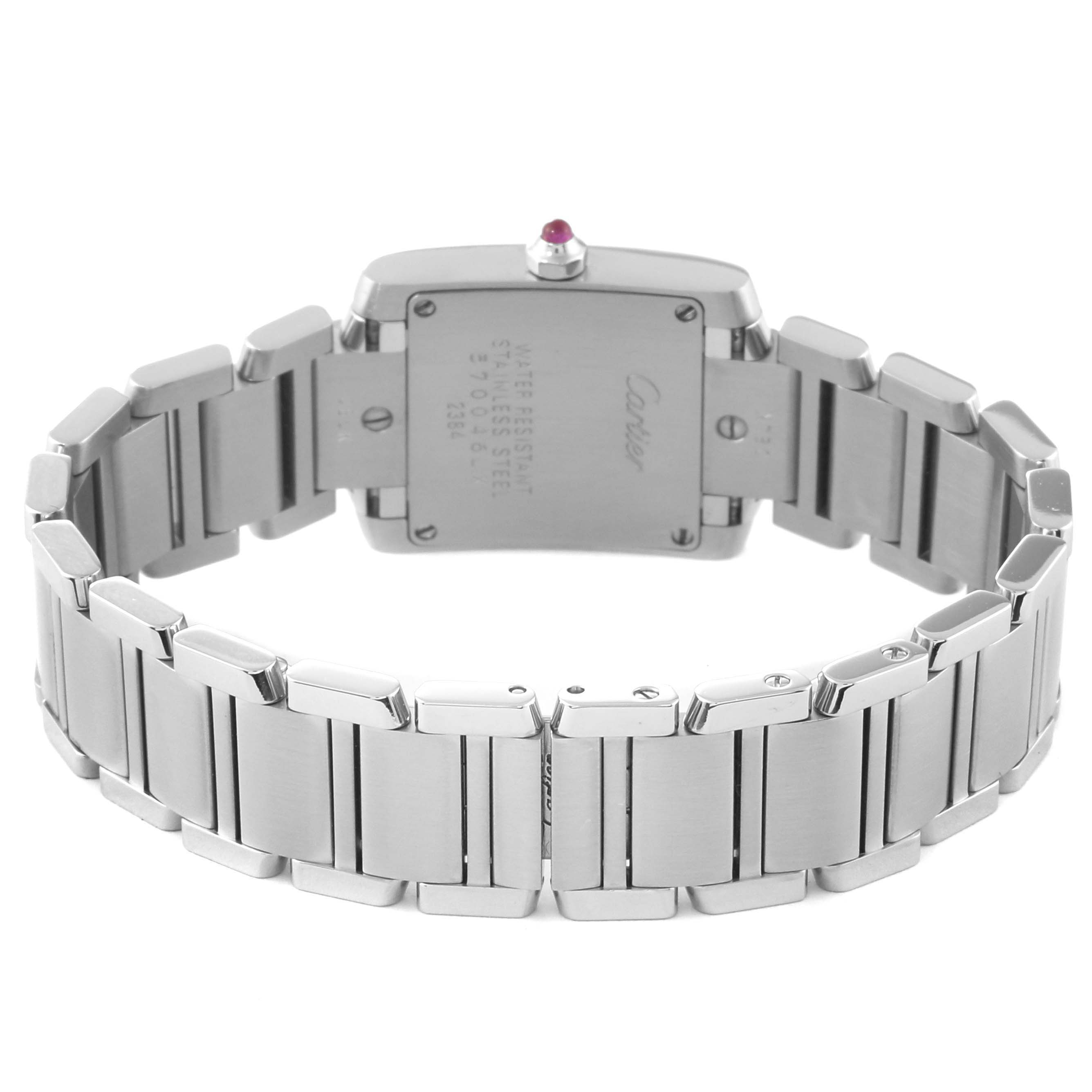 The image shows the backside and bracelet of a Cartier Tank Francaise W51030Q3 Women's Stainless Steel Pink Dial W51030Q3 Women's Stainless Steel Pink Dial watch, highlighting the stainless steel case and linked band.