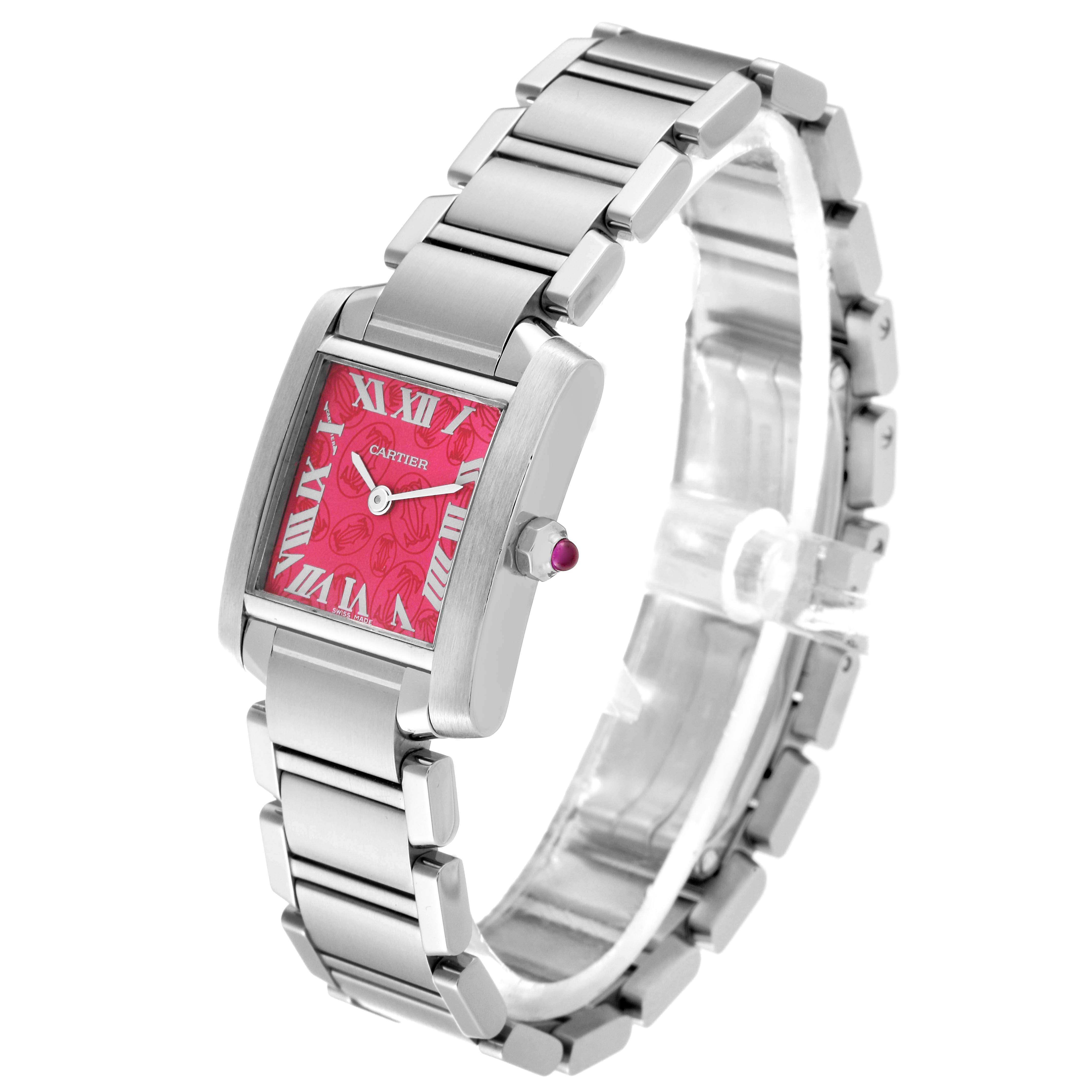 This image shows a Cartier Tank Francaise W51030Q3 Women's Stainless Steel Pink Dial W51030Q3 Women's Stainless Steel Pink Dial watch at a three-quarter angle, highlighting the face and bracelet.