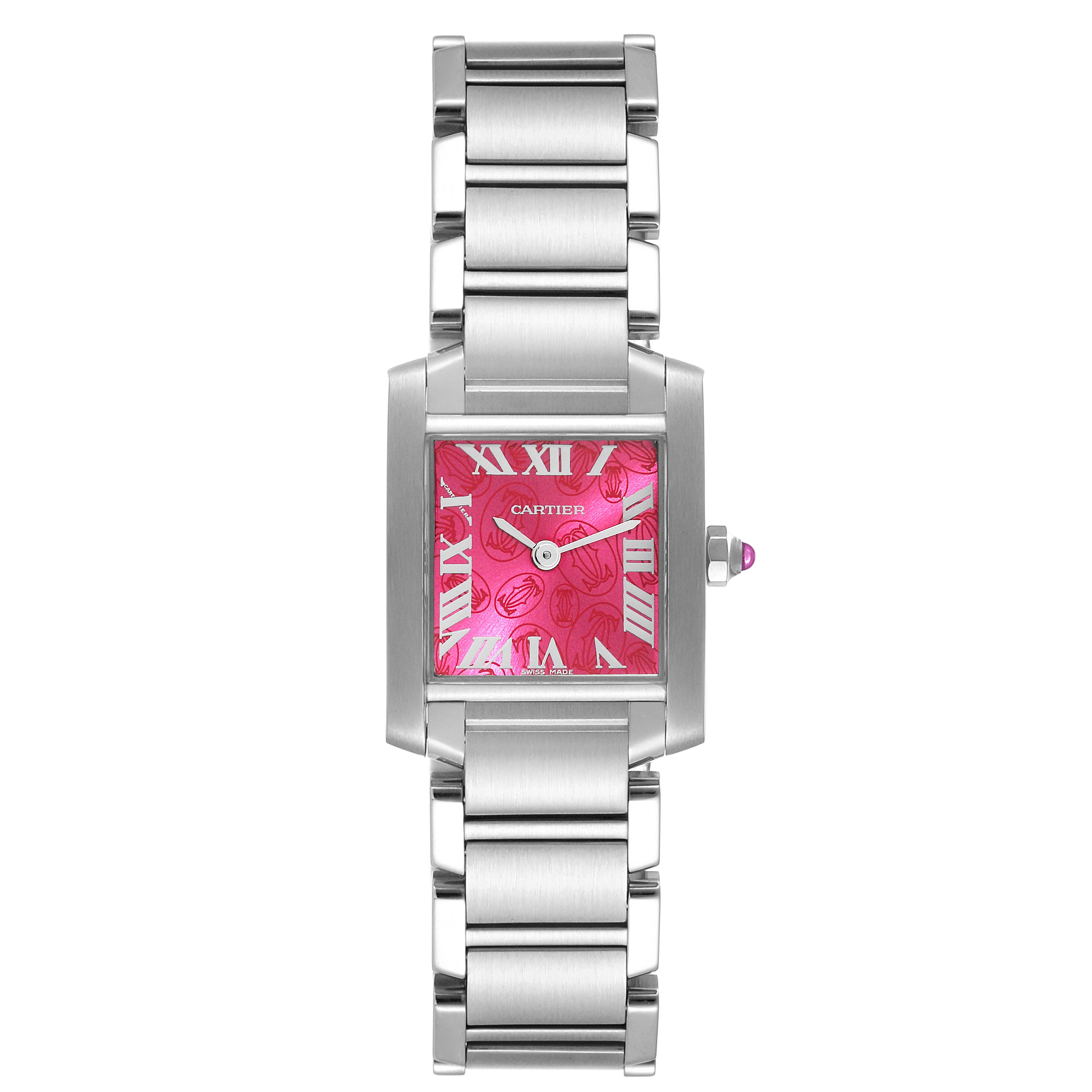 The image features a front view of the Cartier Tank Française watch, highlighting its pink Roman numeral dial and stainless steel bracelet.