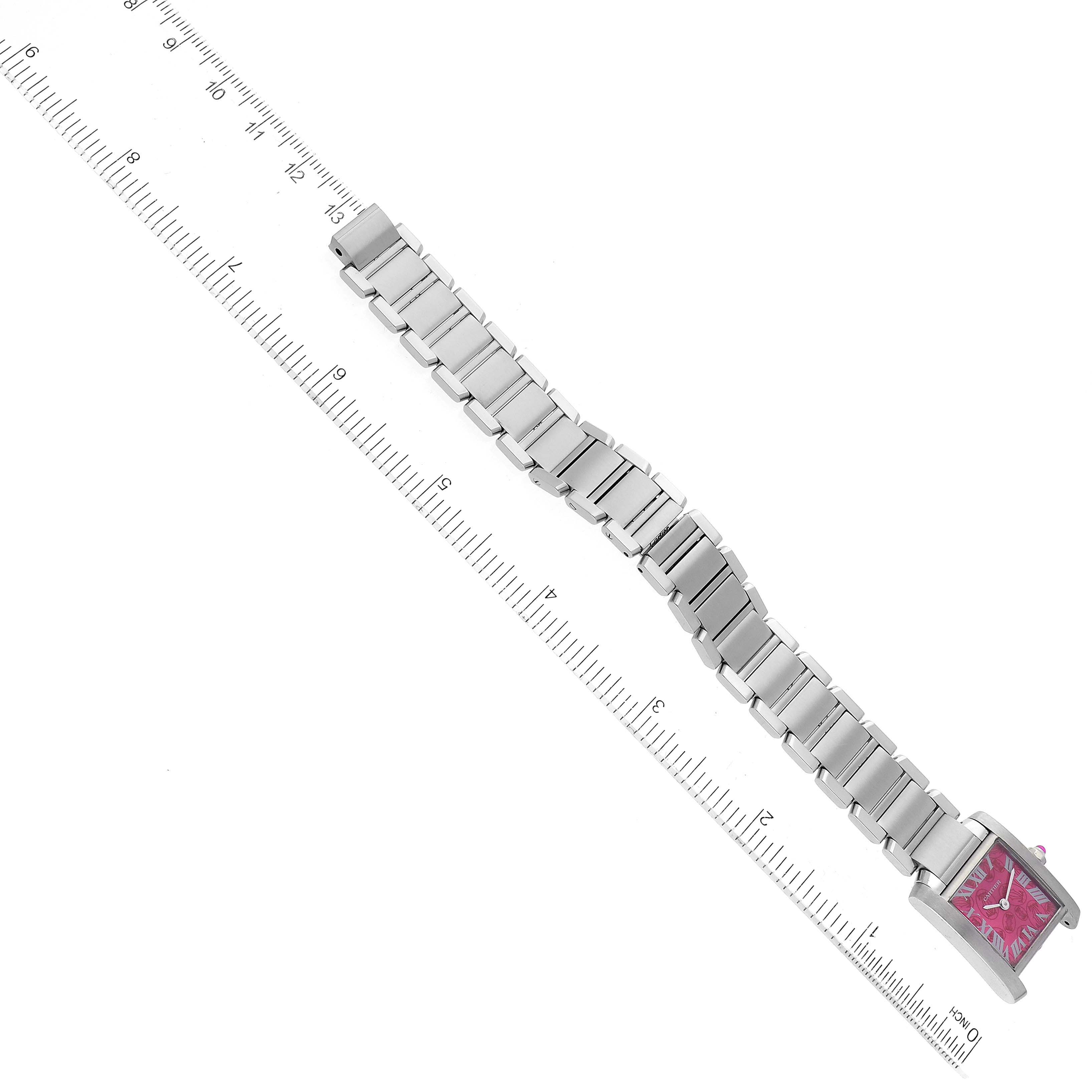 This is an overhead view of a Cartier Tank Francaise W51030Q3 Women's Stainless Steel Pink Dial W51030Q3 Women's Stainless Steel Pink Dial watch, showing its entire bracelet and face.