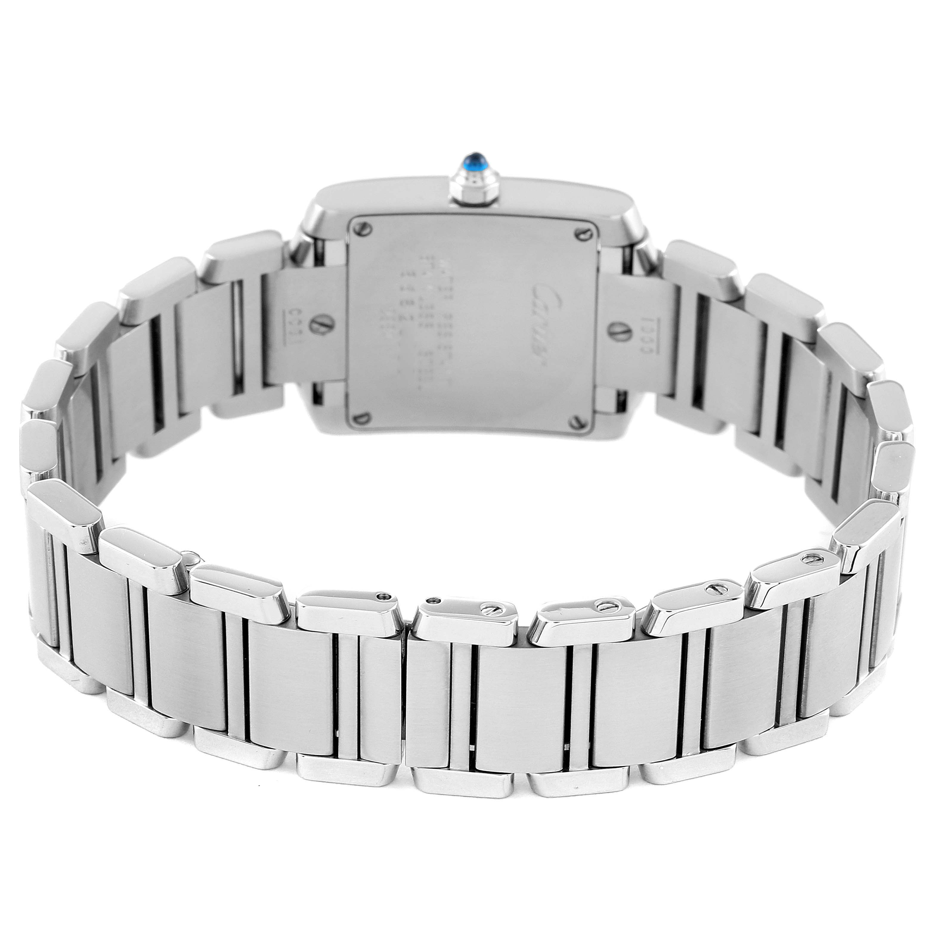 The image shows the back view of the Cartier Tank Francaise W51008Q3 Women's Stainless Steel Silver Dial W51008Q3 Women's Stainless Steel Silver Dial watch, highlighting its bracelet and case back.